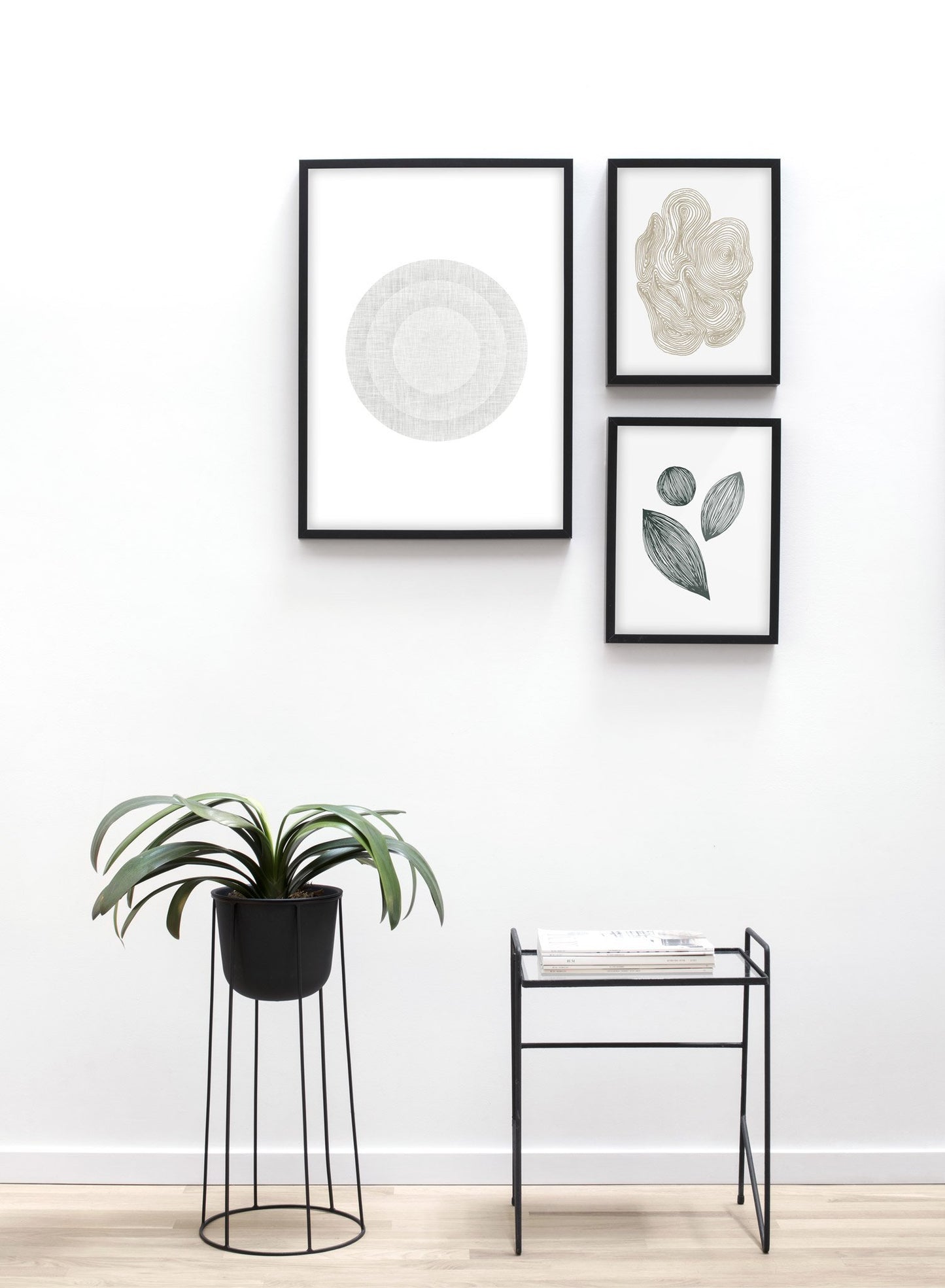Modern minimalist poster by Opposite Wall with abstract poster of Target in Green - Gallery Wall Trio - Entryway with Plant