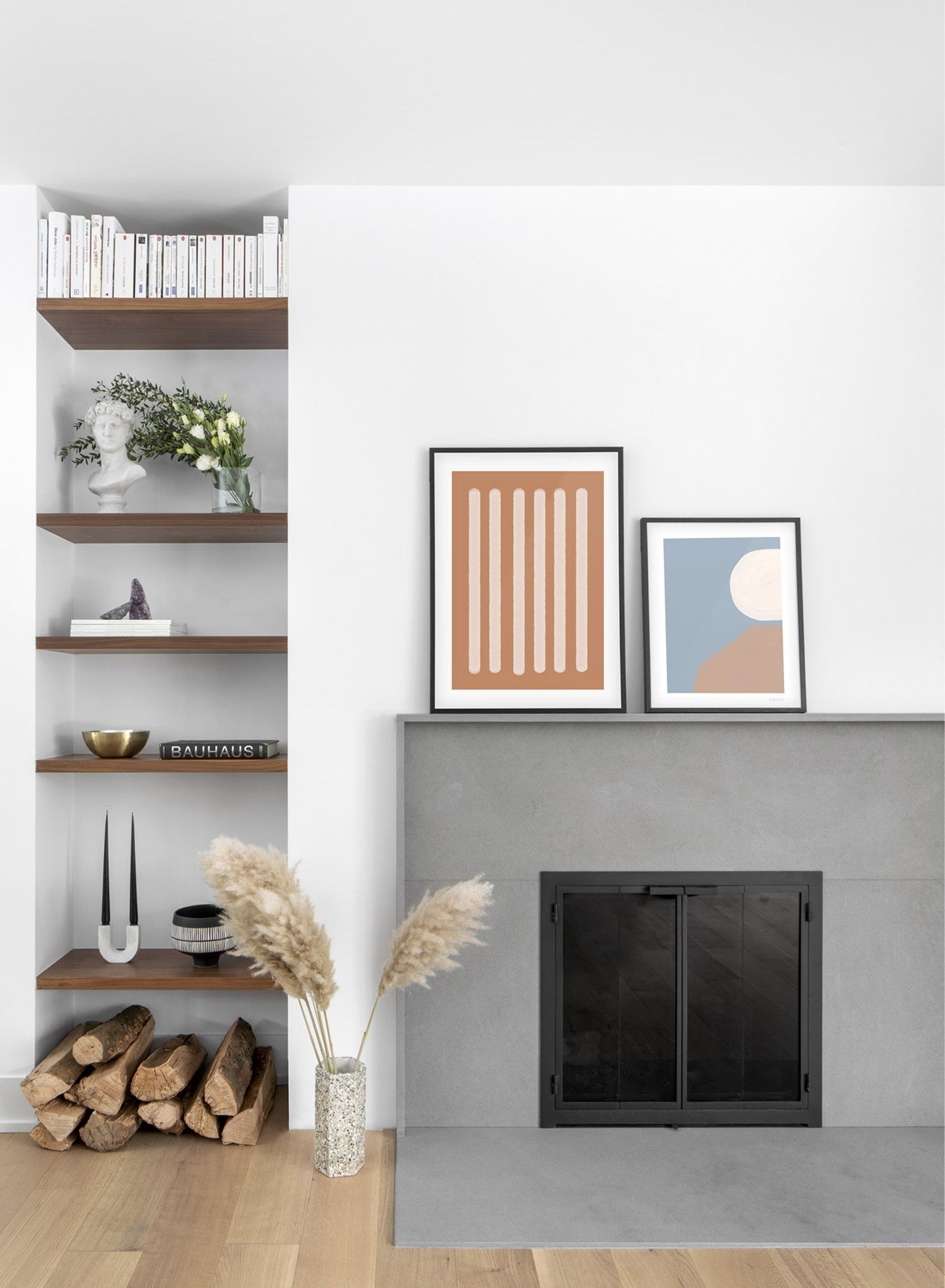 Modern minimalist poster by Opposite Wall with abstract illustration of Two-Toned in Burnt Orange - Gallery wall duo - Fireplace