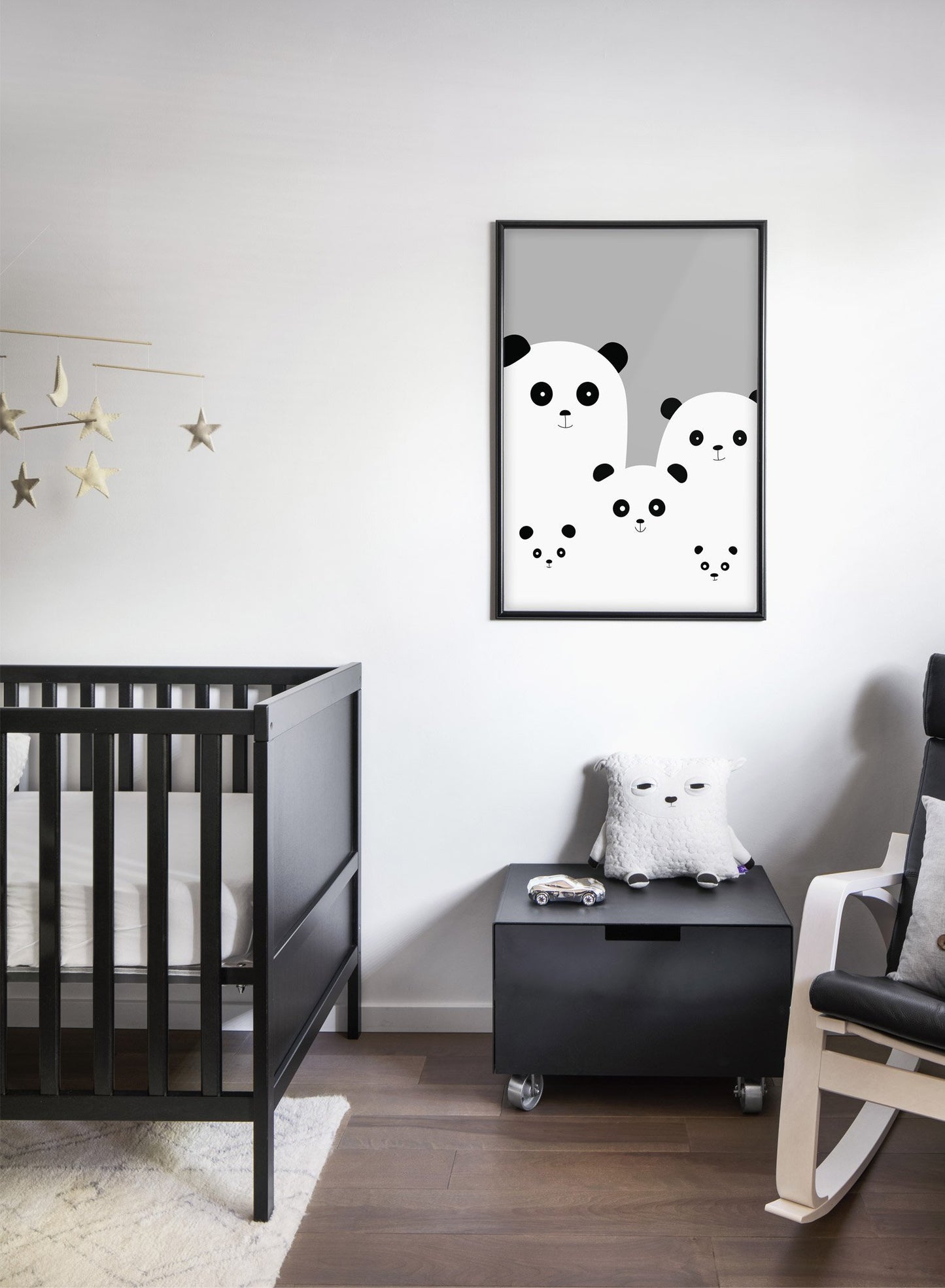 Modern minimalist poster by Opposite Wall with an illustration of a panda family in black and white - kids collection - nursery