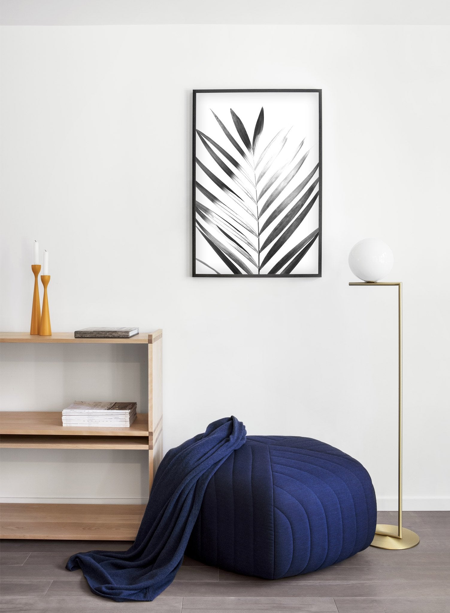 Modern minimalist poster by Opposite Wall with Sunlight palm leaf photo art in black and white - Entryway