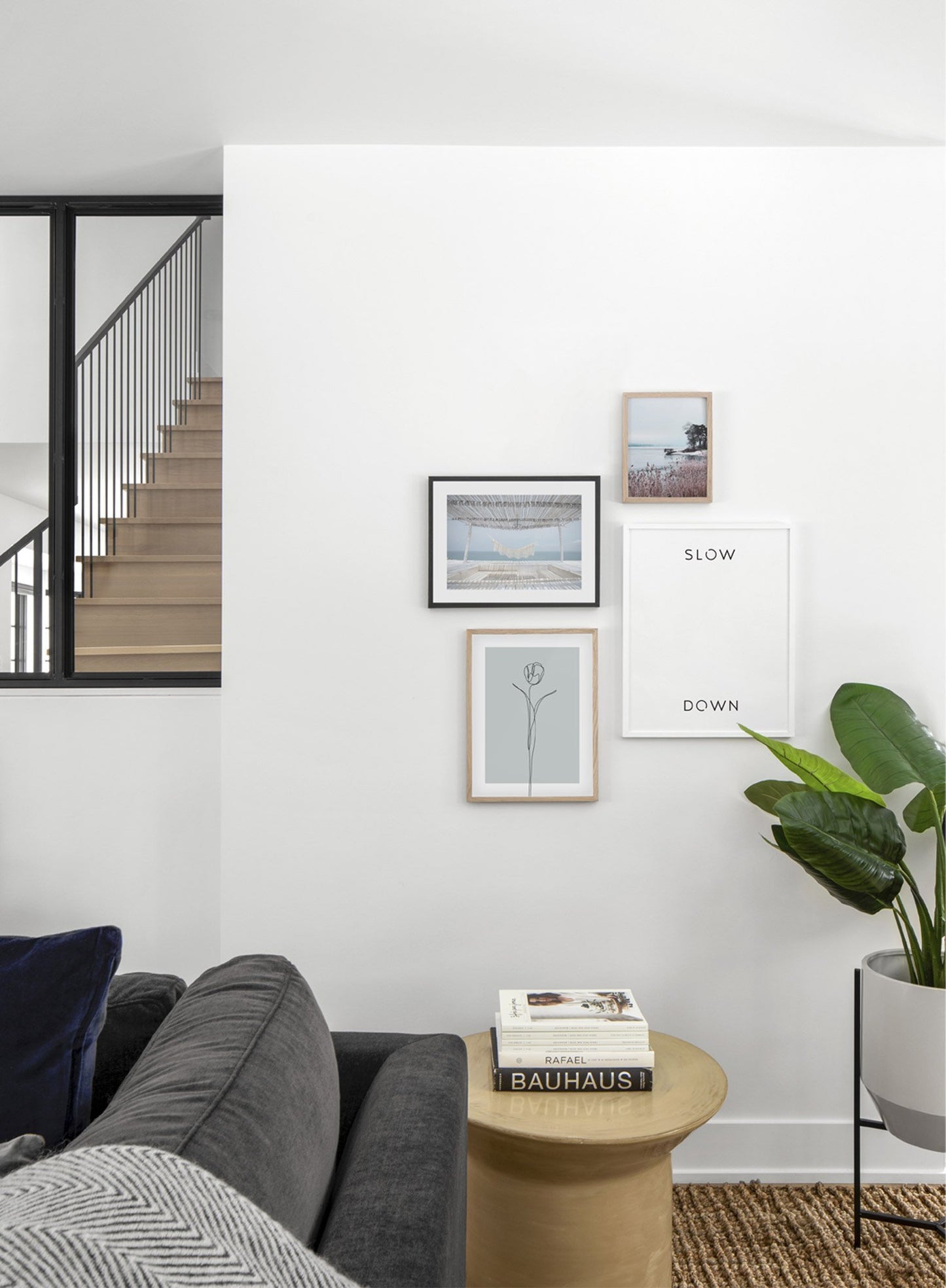 Scandinavian poster by Opposite Wall with graphic Slow _ Down typo design in white - Living Room - Quad