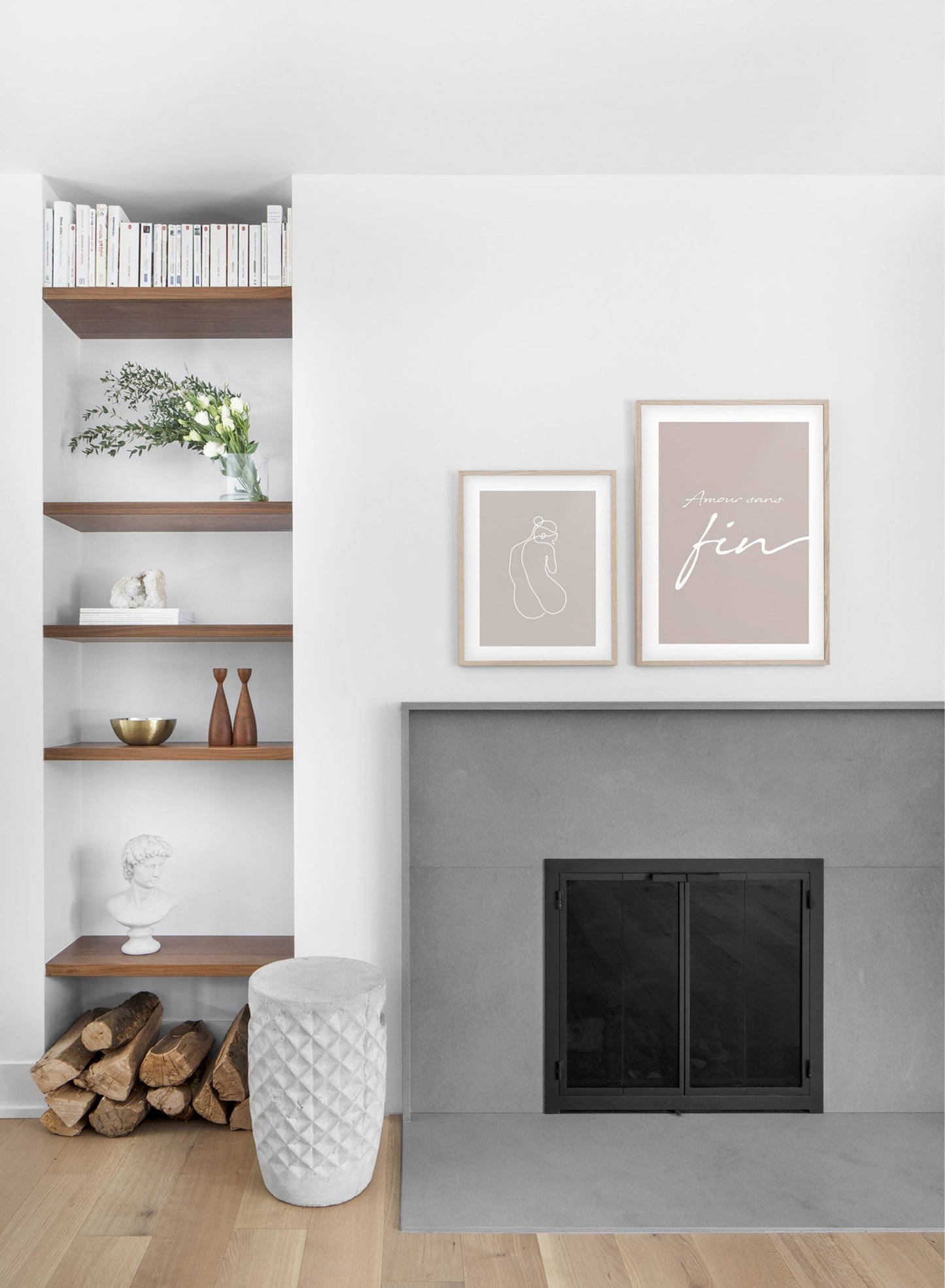 Scandinavian poster by Opposite Wall with graphic typography design of Amour Sans Fin in beige - Fireplace - Duo