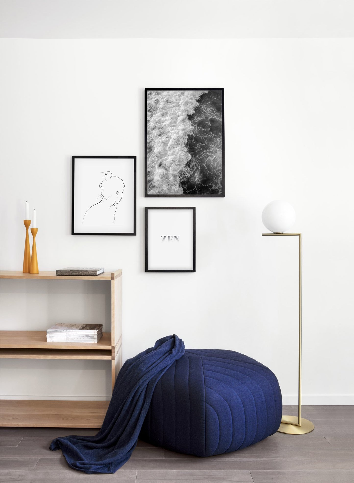 Modern minimalist poster by Opposite Wall with Emerald waters photography in black and white - Living room wall gallery trio