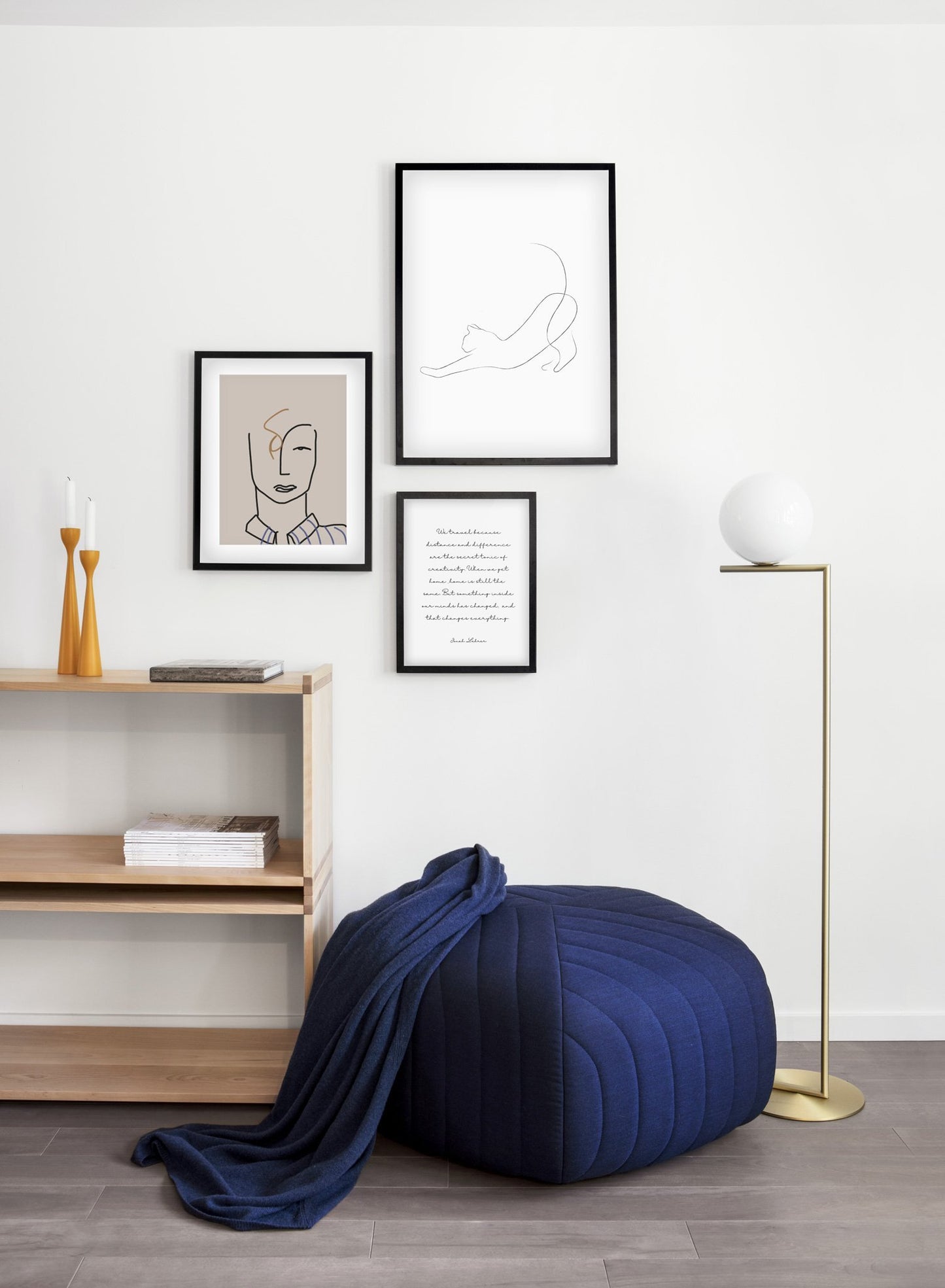 Modern minimalist poster by Opposite Wall with abstract illustration of stretching cat line art - Gallery wall trio - Living Room
