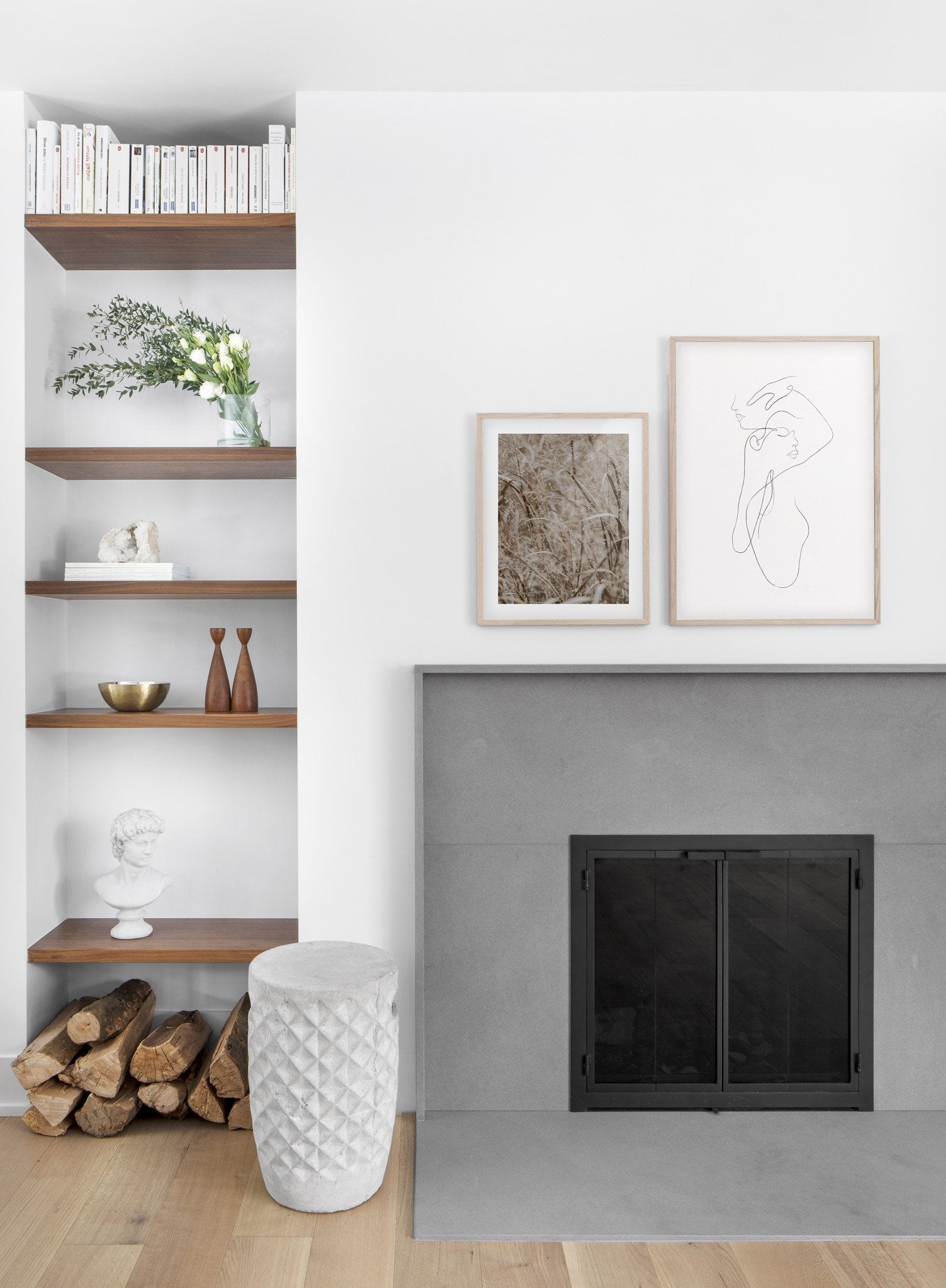 Modern minimalist poster by Opposite Wall with abstract illustration of woman line art two-faced - Gallery Wall duo - Fireplace