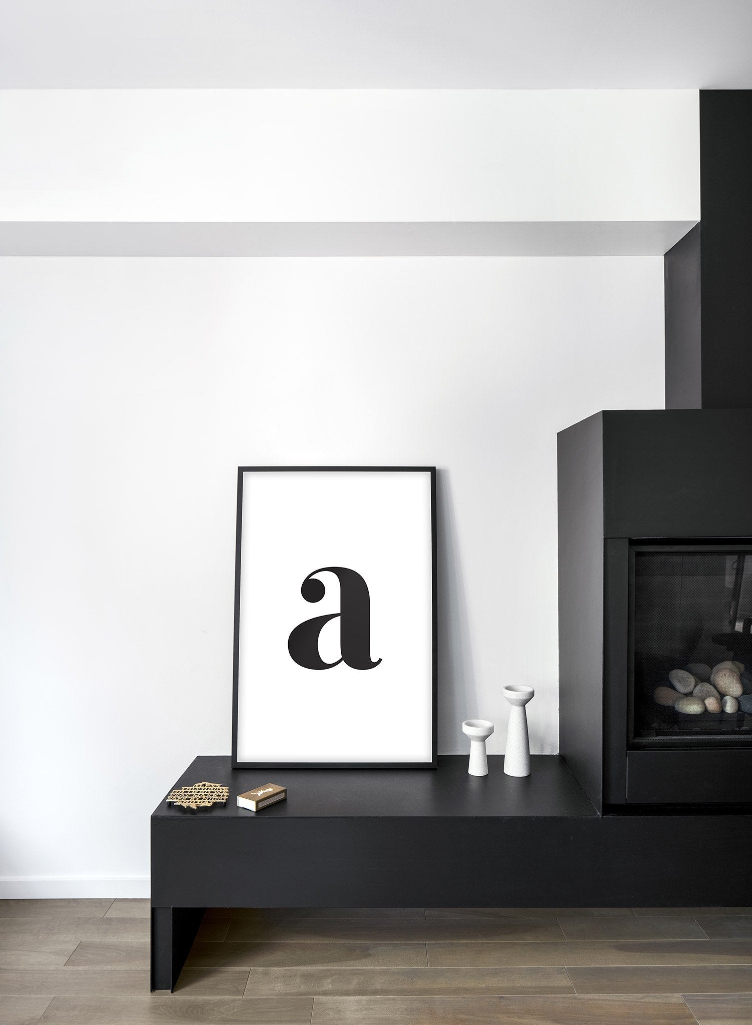 Scandinavian poster by Opposite Wall with black and white graphic typography design of lowercase letter A - Living Room