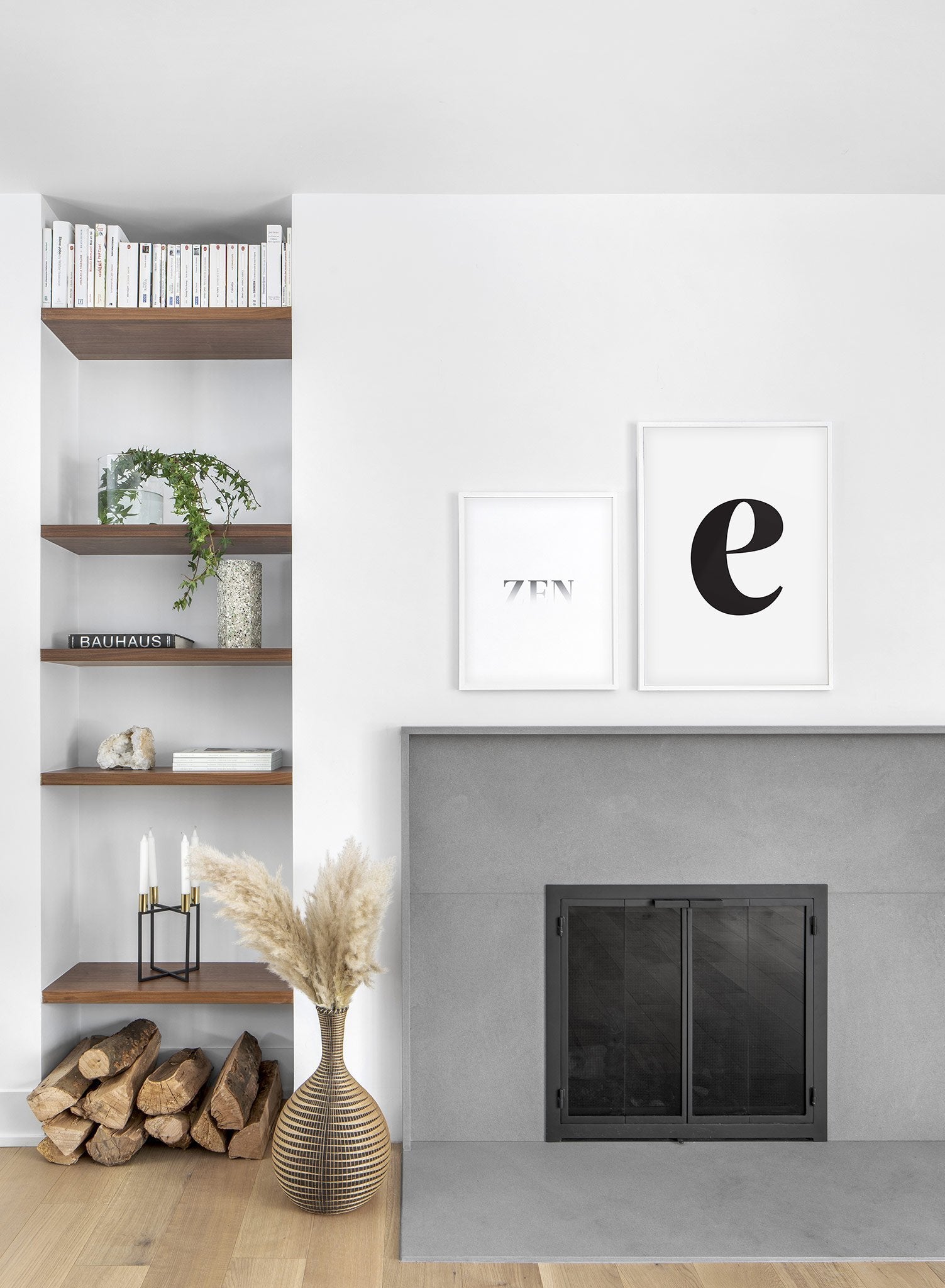 Scandinavian poster by Opposite Wall with black and white graphic typography design of lowercase letter E - Living Room - Duo