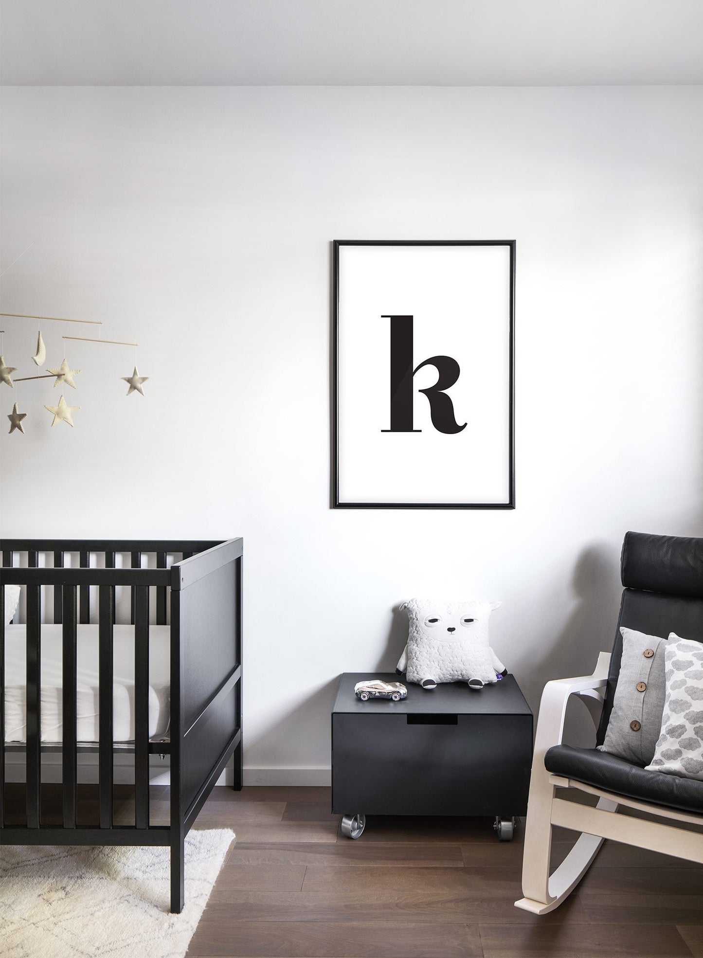 Scandinavian poster by Opposite Wall with black and white graphic typography design of lowercase letter K - Kid's Bedroom