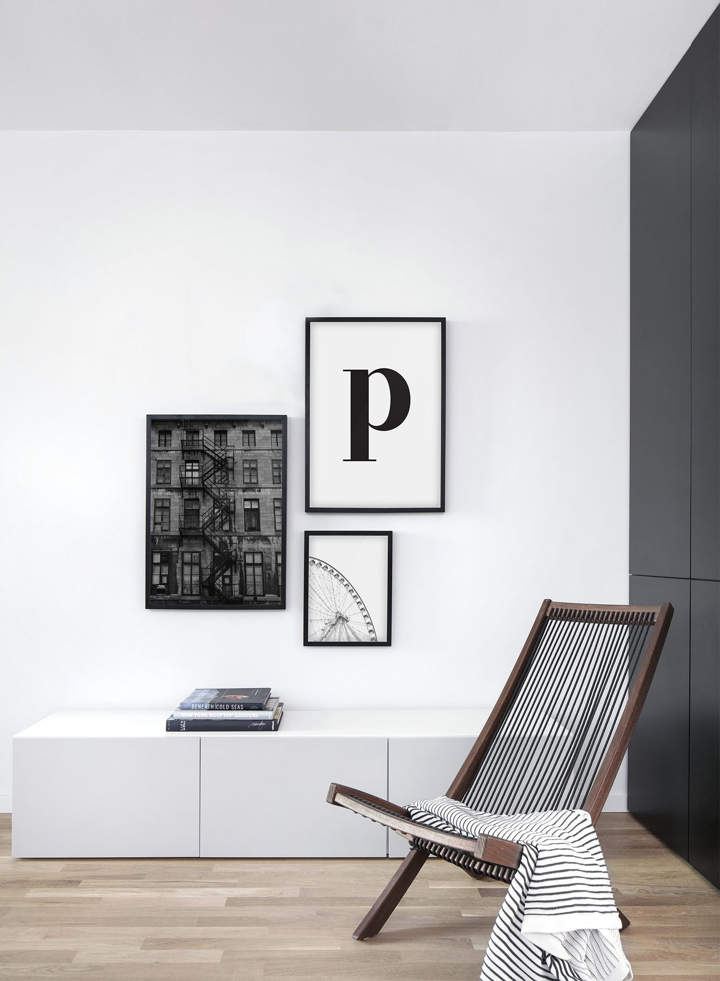 Scandinavian poster by Opposite Wall with black and white graphic typography design of lowercase letter P - Living Room - Trio