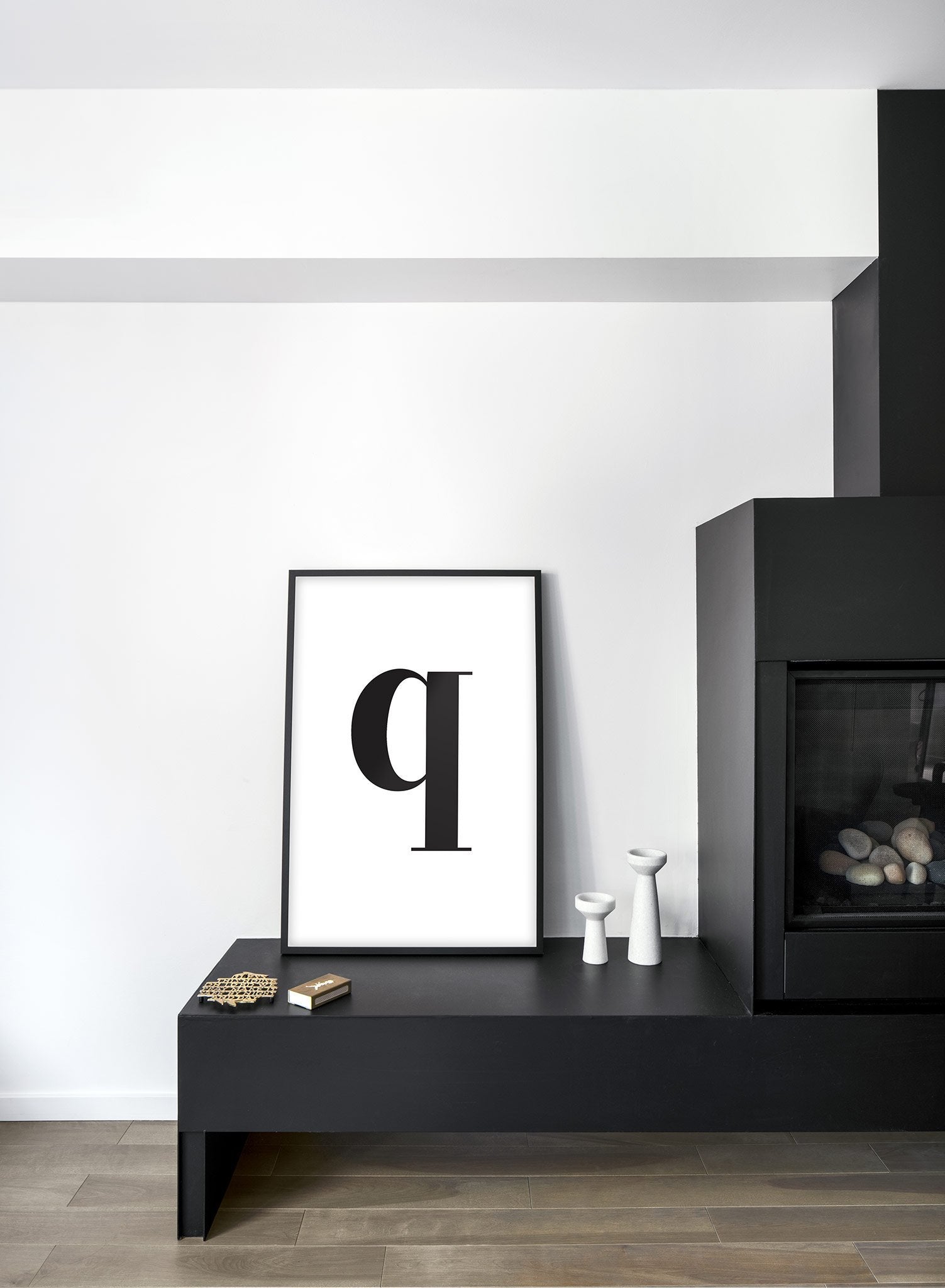 Scandinavian poster by Opposite Wall with black and white graphic typography design of lowercase letter Q - Living Room