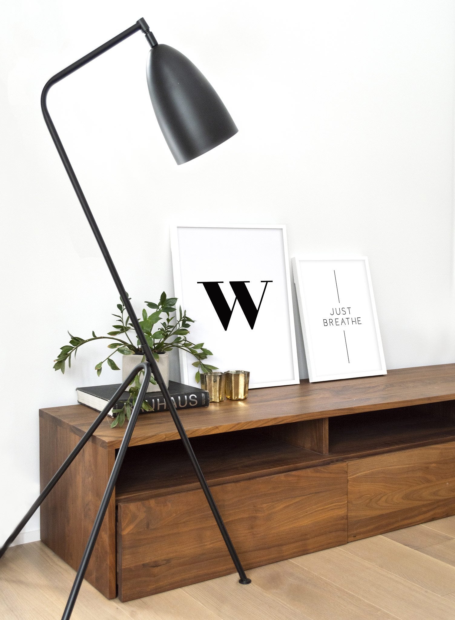 Scandinavian poster by Opposite Wall with black and white graphic typography design of lowercase letter W - Living Room - Duo