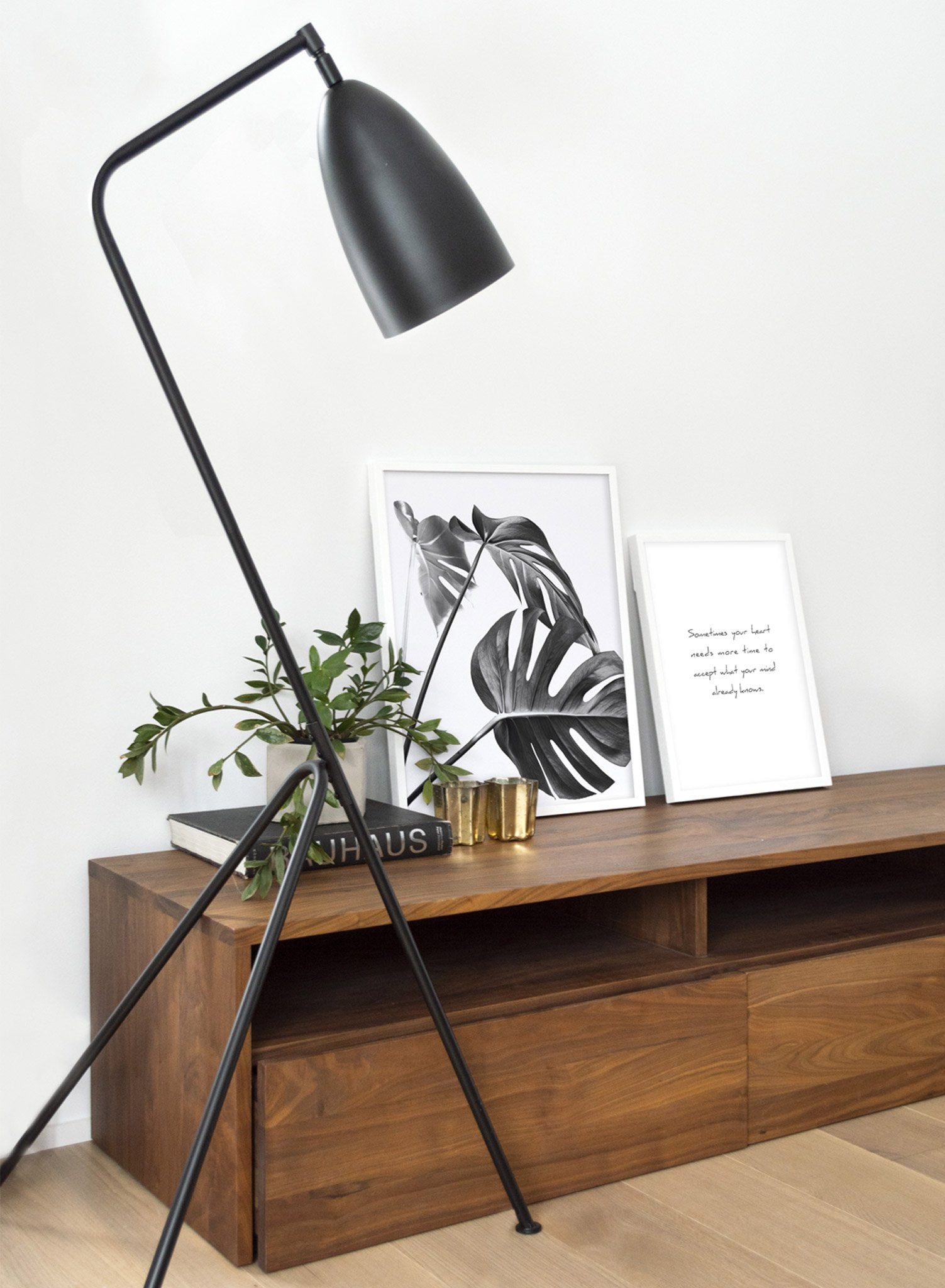 Scandinavian art print by Opposite Wall with Monstera leaf photo Three's a charm in black and white - Poster Duo