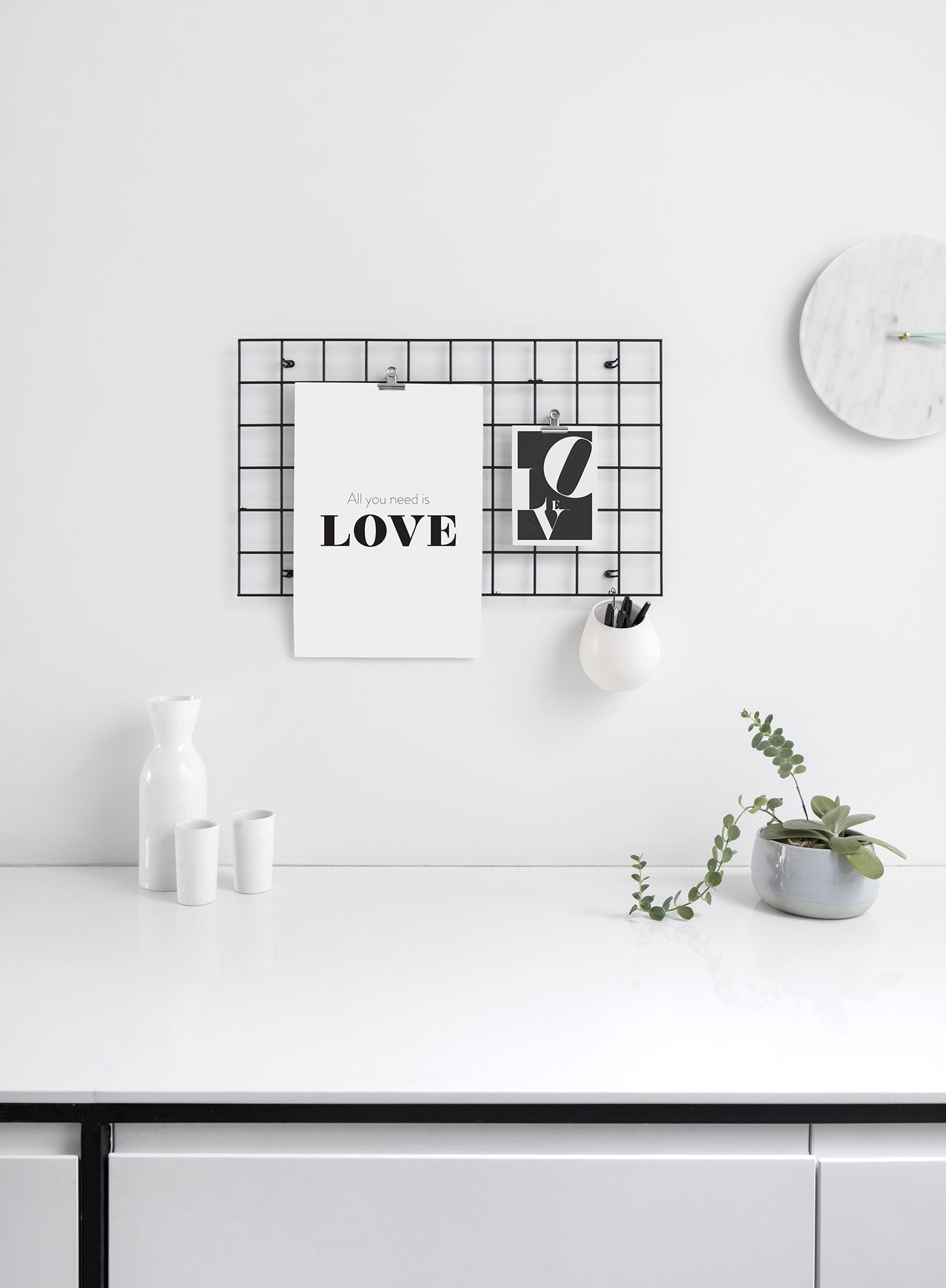 Scandinavian poster by Opposite Wall with black and white graphic typography design of All You Need Is Love text - Office Desk - Duo