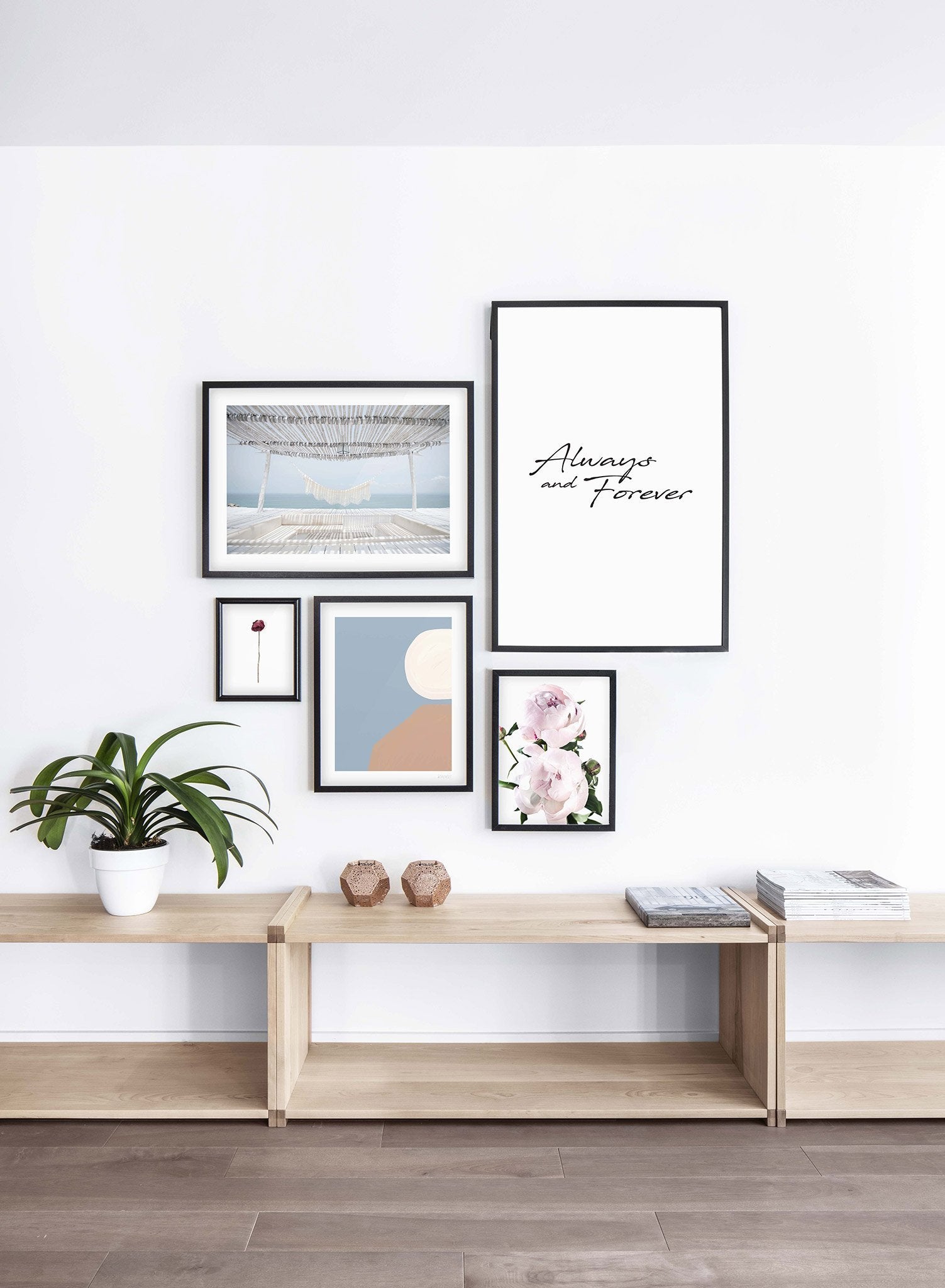 Scandinavian poster by Opposite Wall with black and white graphic typography design of Always and Forever - Entryway - Gallery Wall
