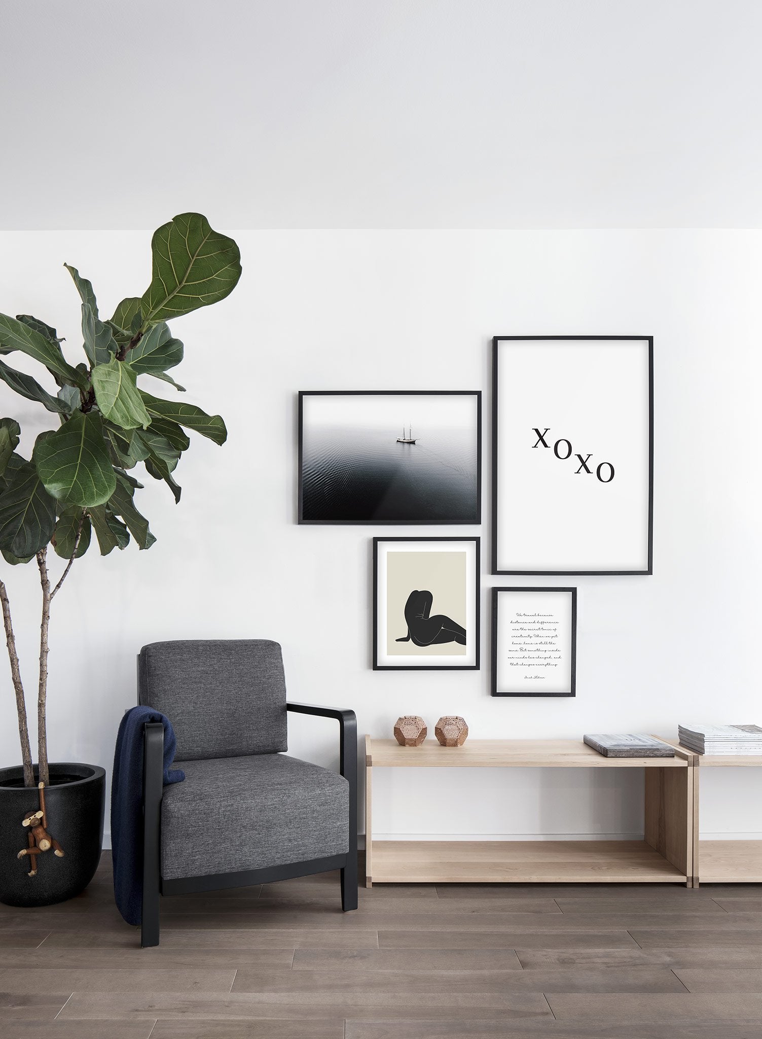 Scandinavian poster by Opposite Wall with black and white graphic typography design of XOXO - Living Room - Gallery Wall Quad