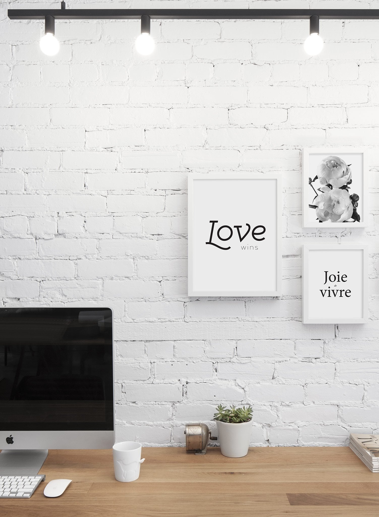 Scandinavian poster by Opposite Wall with black and white graphic typography design of Love Wins - Office Desk - Gallery Wall Trio