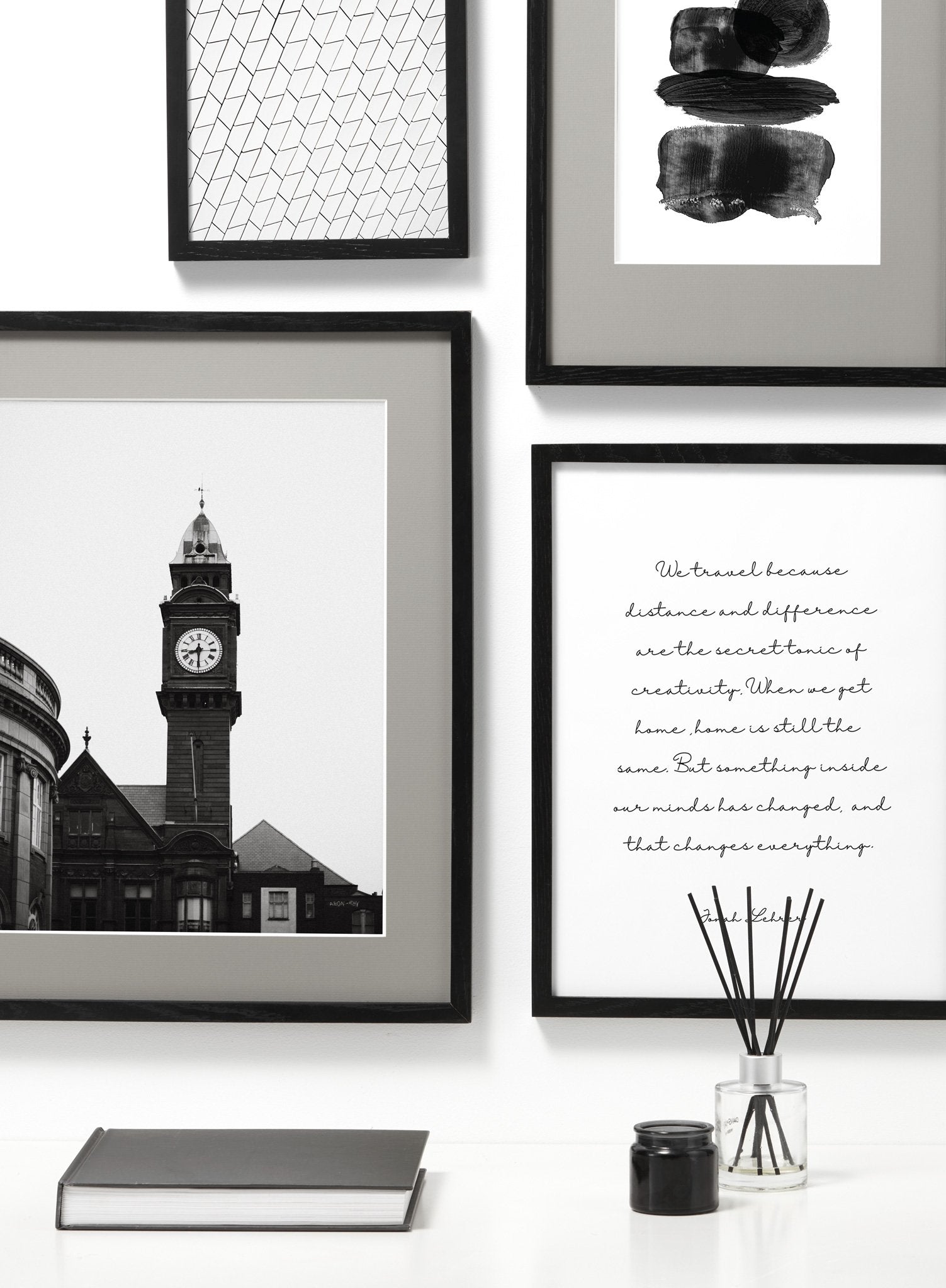 Modern minimalist poster by Opposite Wall with black and white photography of Clock Tower in Edinburgh, Scotland - Gallery - Desk
