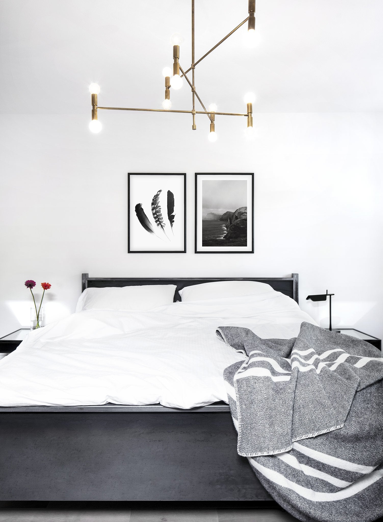 Modern minimalist poster by Opposite Wall with black and white photography of cliffs on Faroe Island - Lifestyle Duo - Bedroom