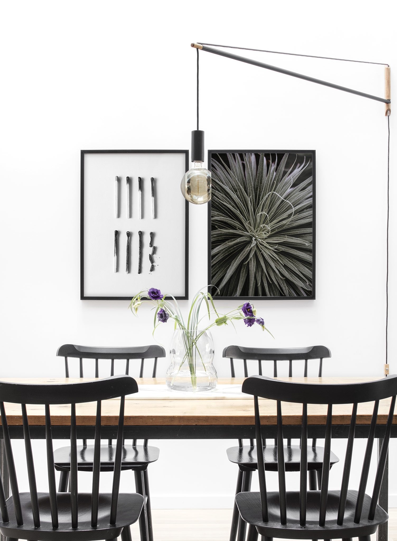 Modern minimalist poster by Opposite Wall with black and white photography of burned matches - Lifestyle Duo - Dining Room