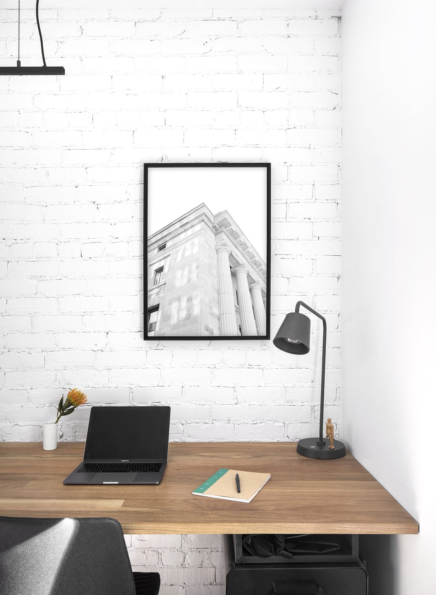 Modern minimalist poster by Opposite Wall with black and white architecture photography of Corner Facade - Lifestyle - Office Desk