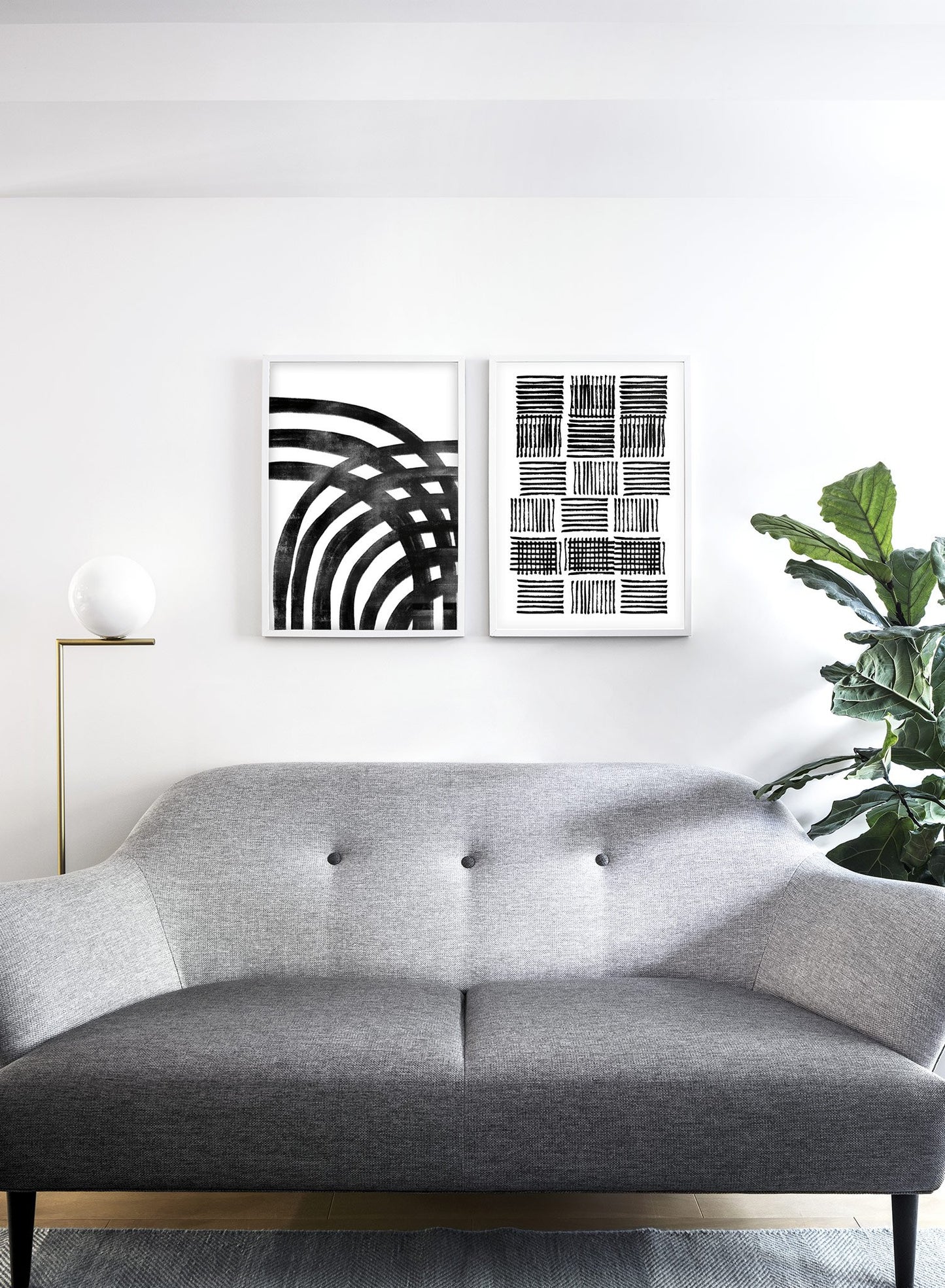Modern minimalist poster by Opposite Wall with black and white crosshatch design illustration - Lifestyle Duo - Living Room