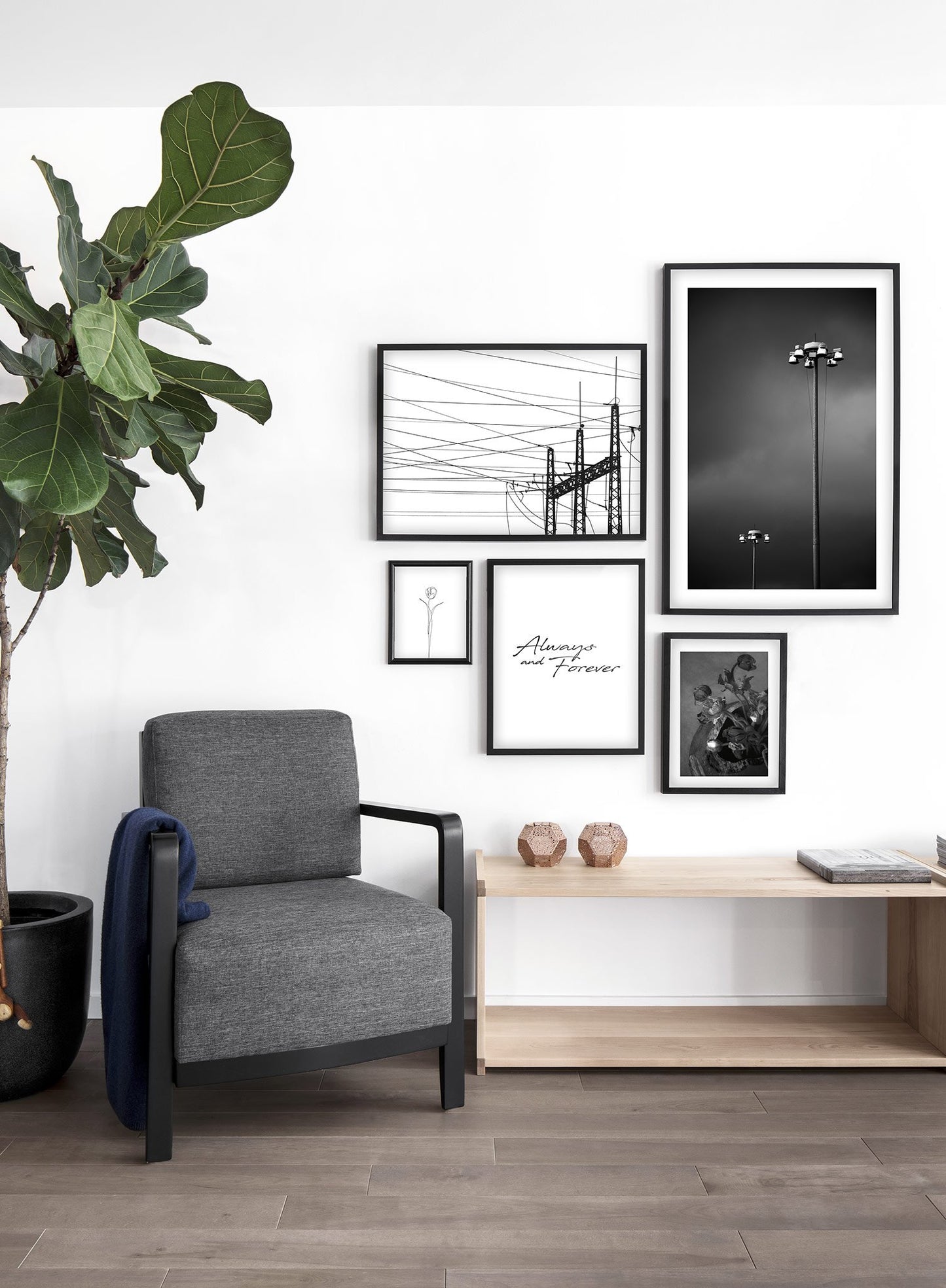 Modern minimalist poster by Opposite Wall with black and white photography of electric lines - Lifestyle Gallery - Living Room