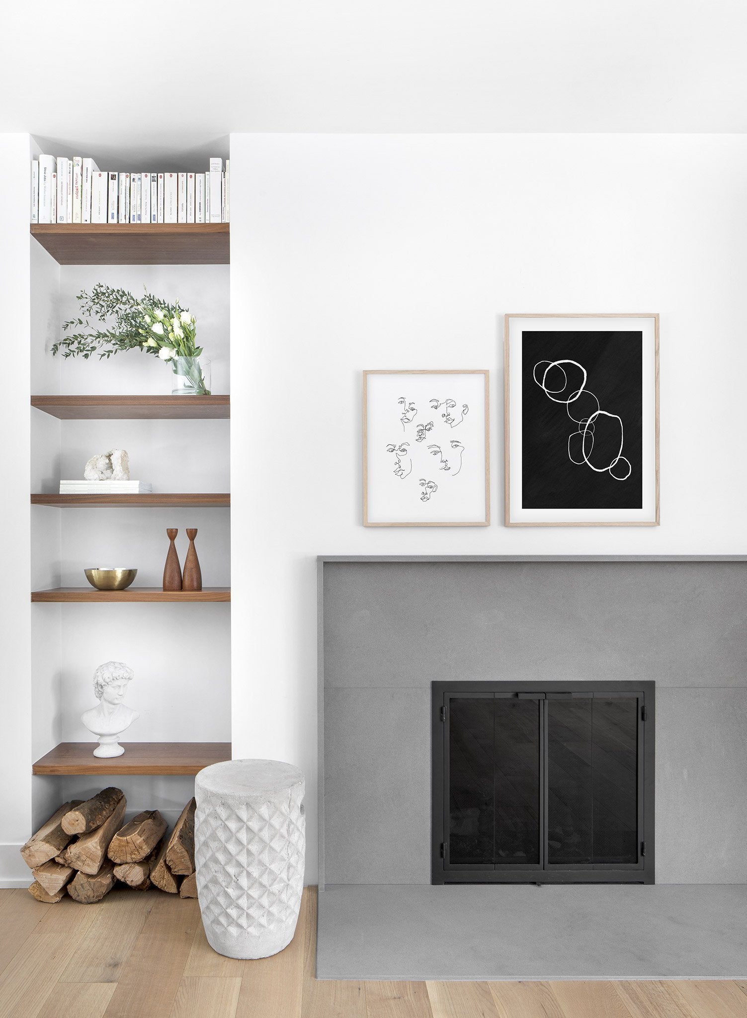 Modern minimalist poster by Opposite Wall with black and white illustration of Bubbles - Lifestyle Duo - Living Room