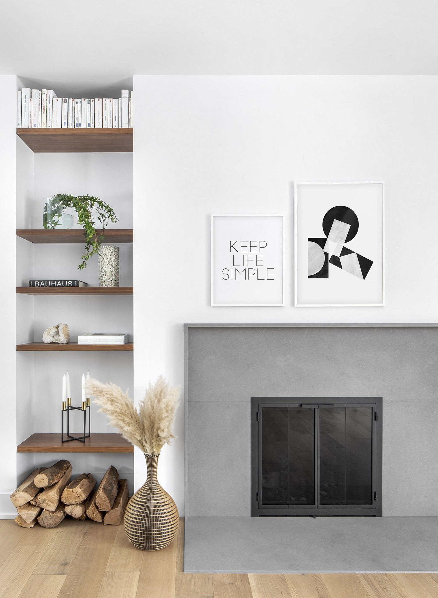 Modern minimalist abstract poster by Opposite Wall with black and white stacked shapes - Lifestyle Duo - Living Room