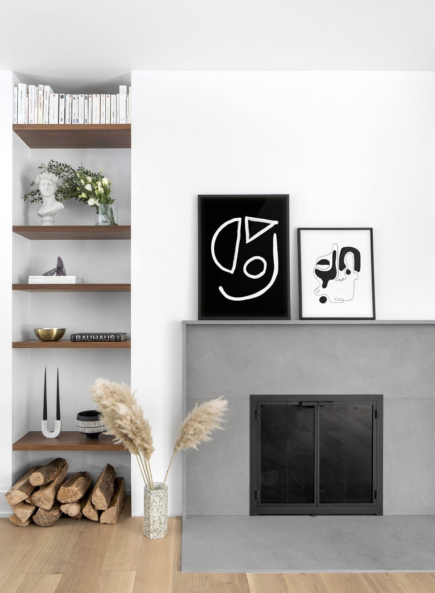 Modern minimalist poster by Opposite Wall with black and white abstract face - Lifestyle duo - Living room