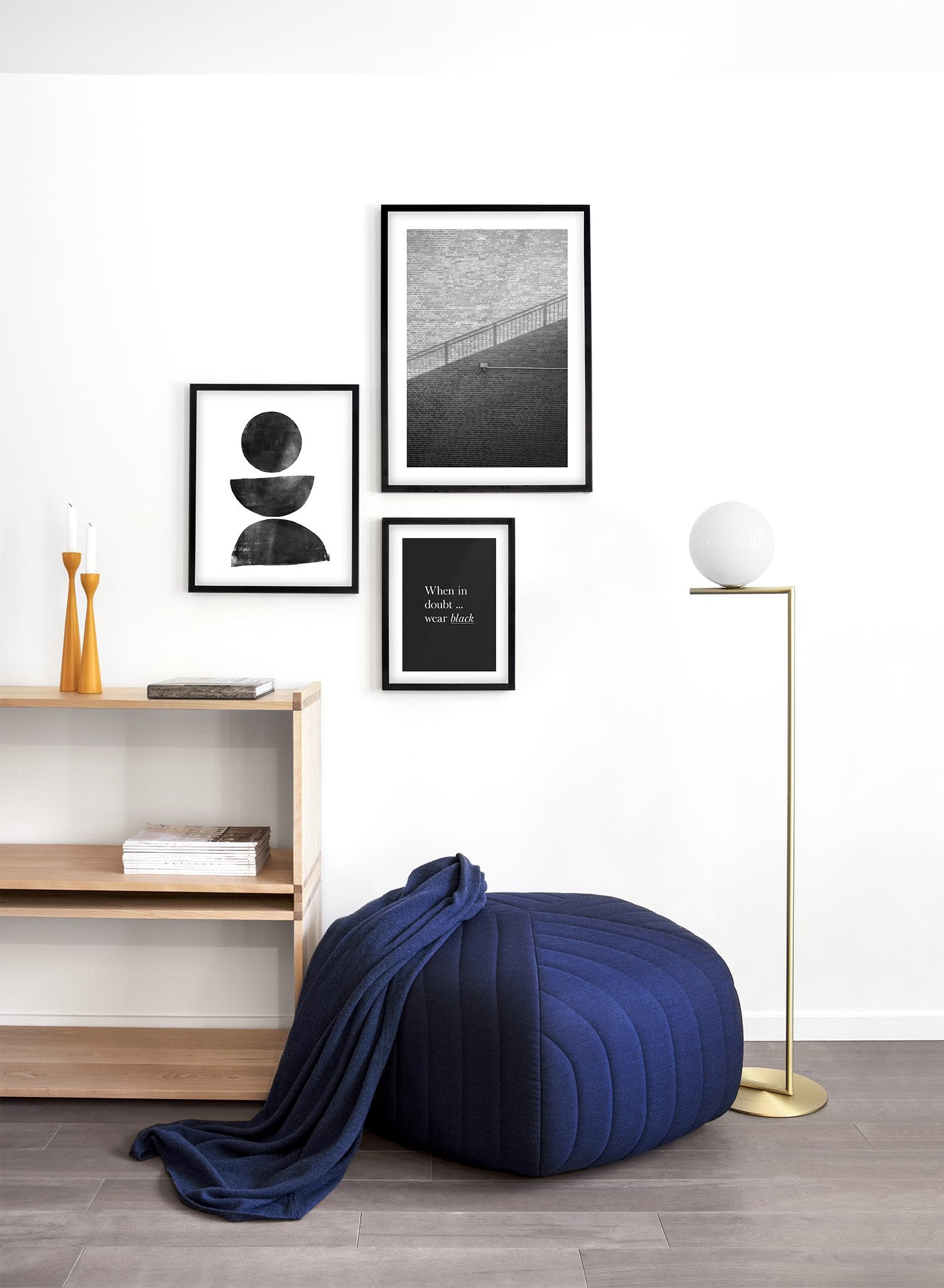 Modern minimalist poster by Opposite Wall with black and white photography of shadow and staircase - Lifestyle Trio - Living Room