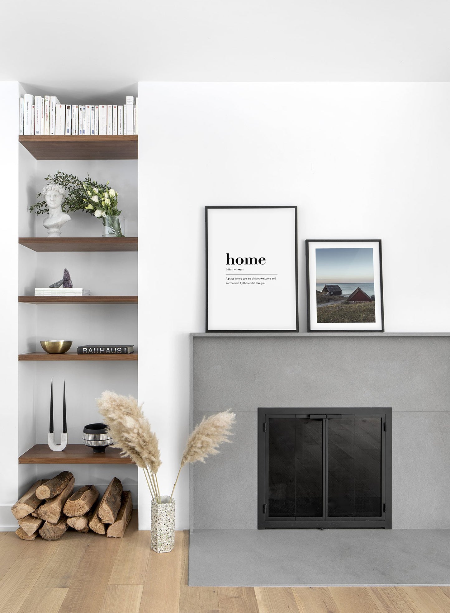 Scandinavian poster with black and white graphic typography design of Home text by Opposite Wall - Lifestyle Duo - Living Room Fireplace