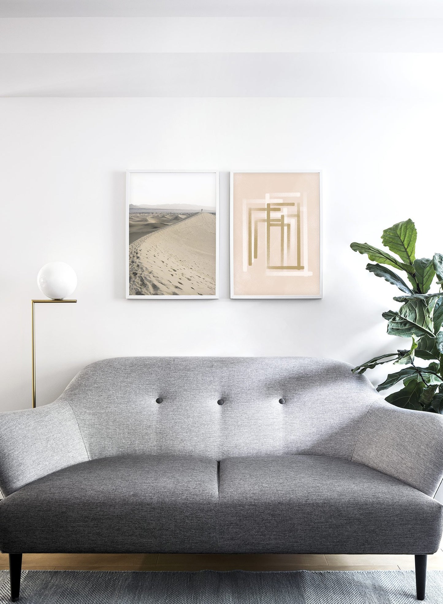 Modern minimalist poster by Opposite Wall with abstract illustration of white and beige colour lines - Lifestyle Duo - Living Room