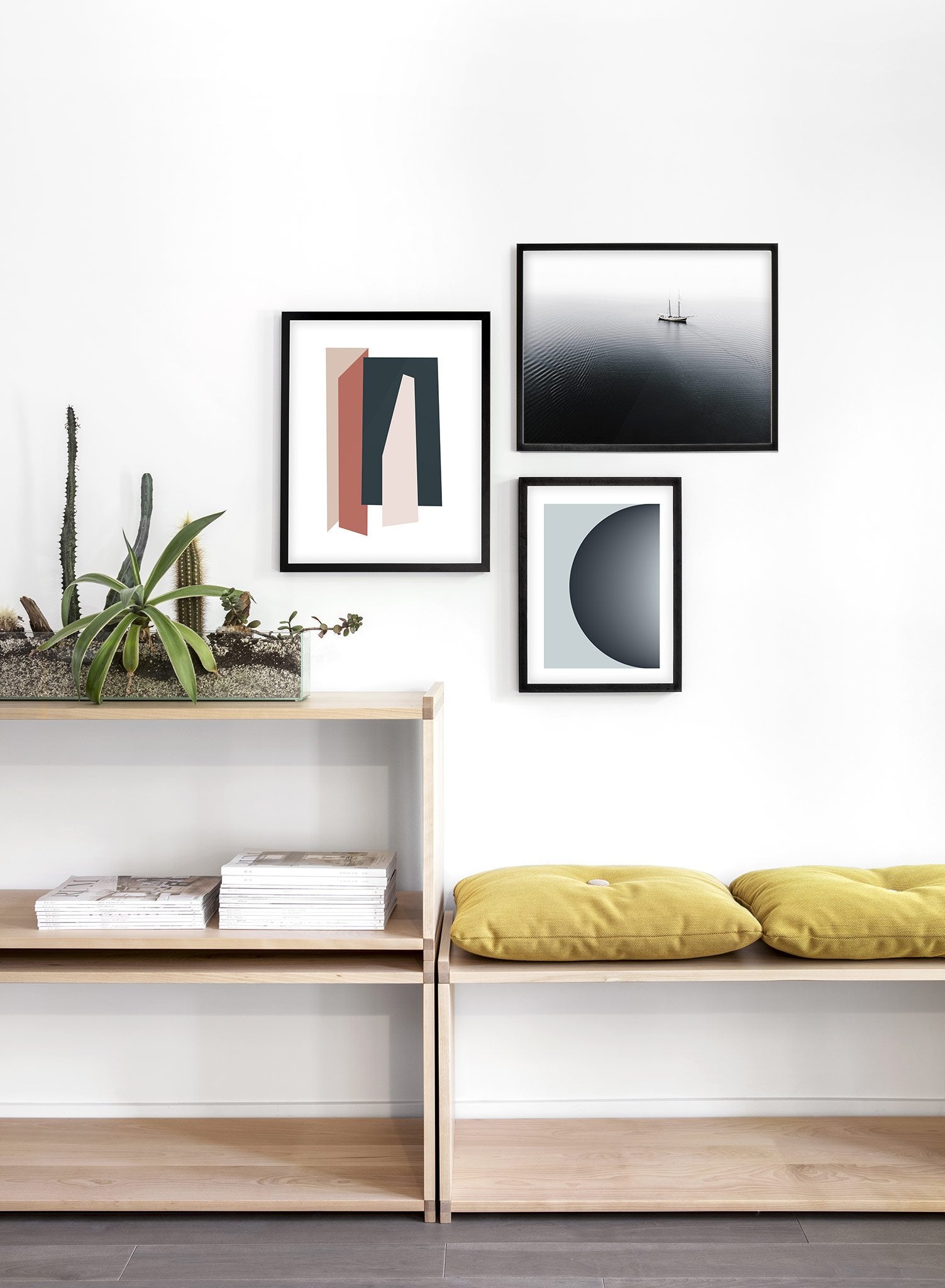 Modern minimalist poster by Opposite Wall with abstract colour shapes - Lifestyle Trio - Living Room