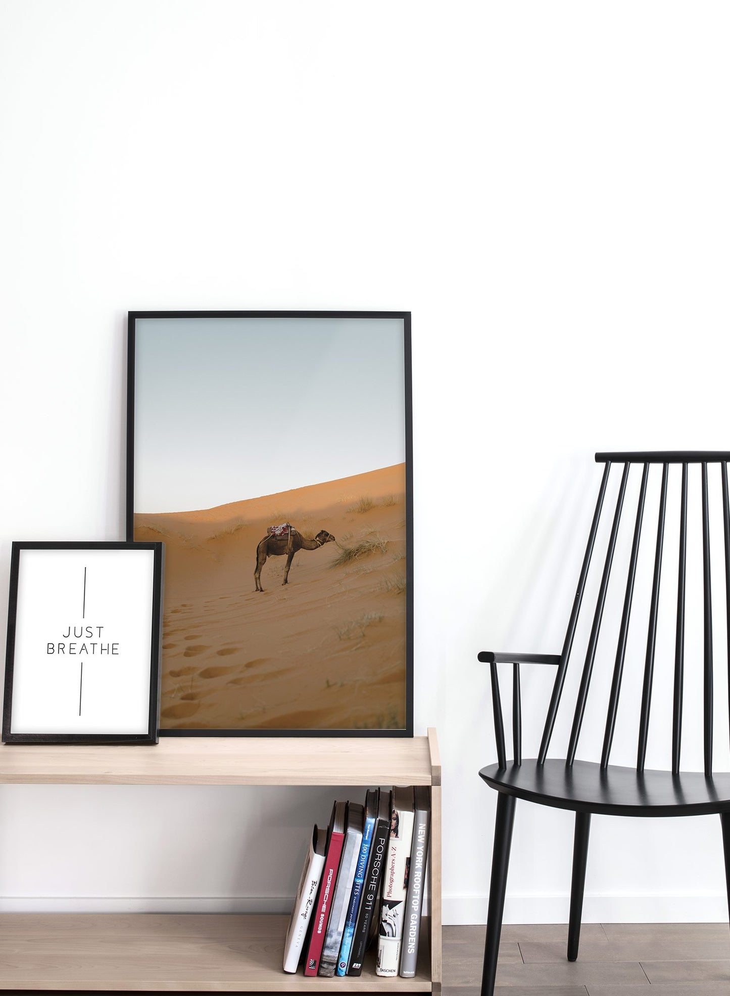 Modern minimalist landscape photography poster by Opposite Wall with picture of lone camel in Sahara Desert - Lifestyle Duo - Entryway