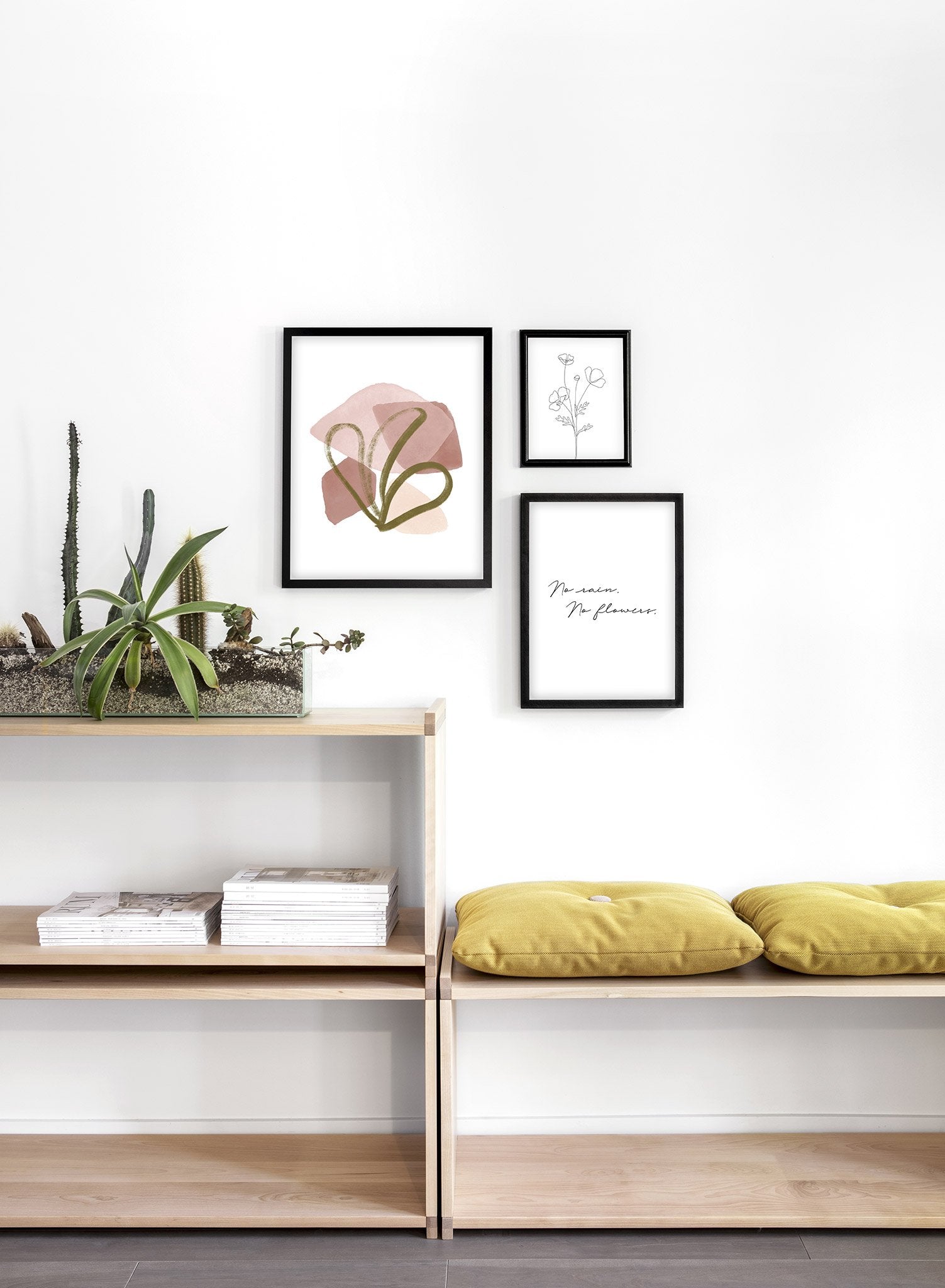 Modern minimalist illustration poster by Opposite Wall with pink shapes - Lifestyle Trio - Bedroom