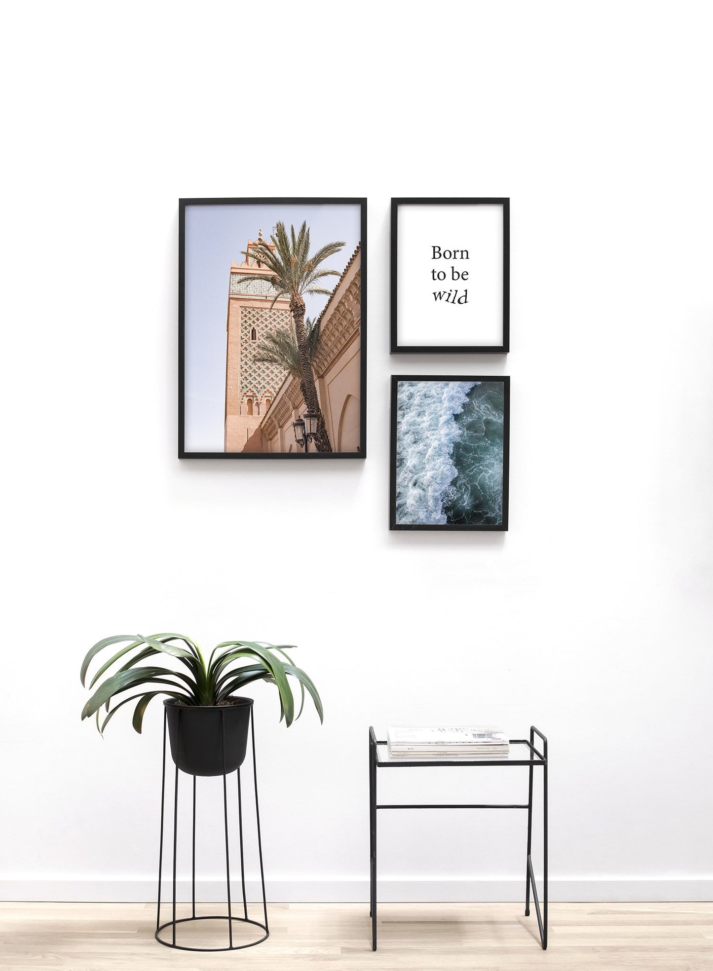 Modern minimalist photography poster by Opposite Wall with palm trees and building - Lifestyle Trio - Entryway