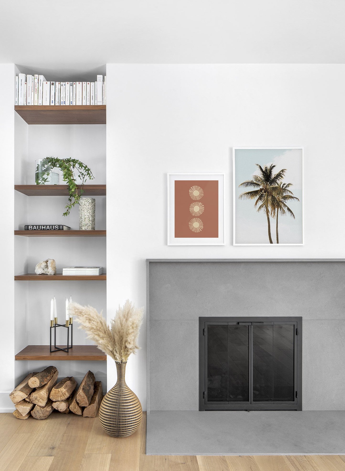 Modern minimalist photography poster by Opposite Wall with palm tree against blue sky - Lifestyle Duo - Bedroom