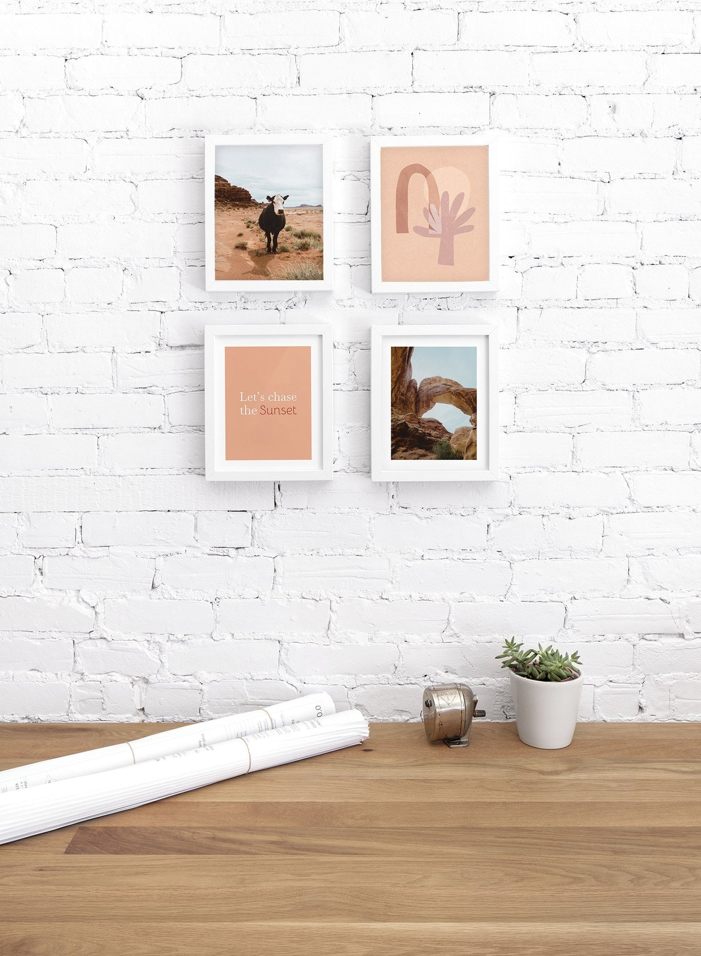 Modern photography poster by Opposite Wall with cow in the desert - Lifestyle Quad - Office Desk