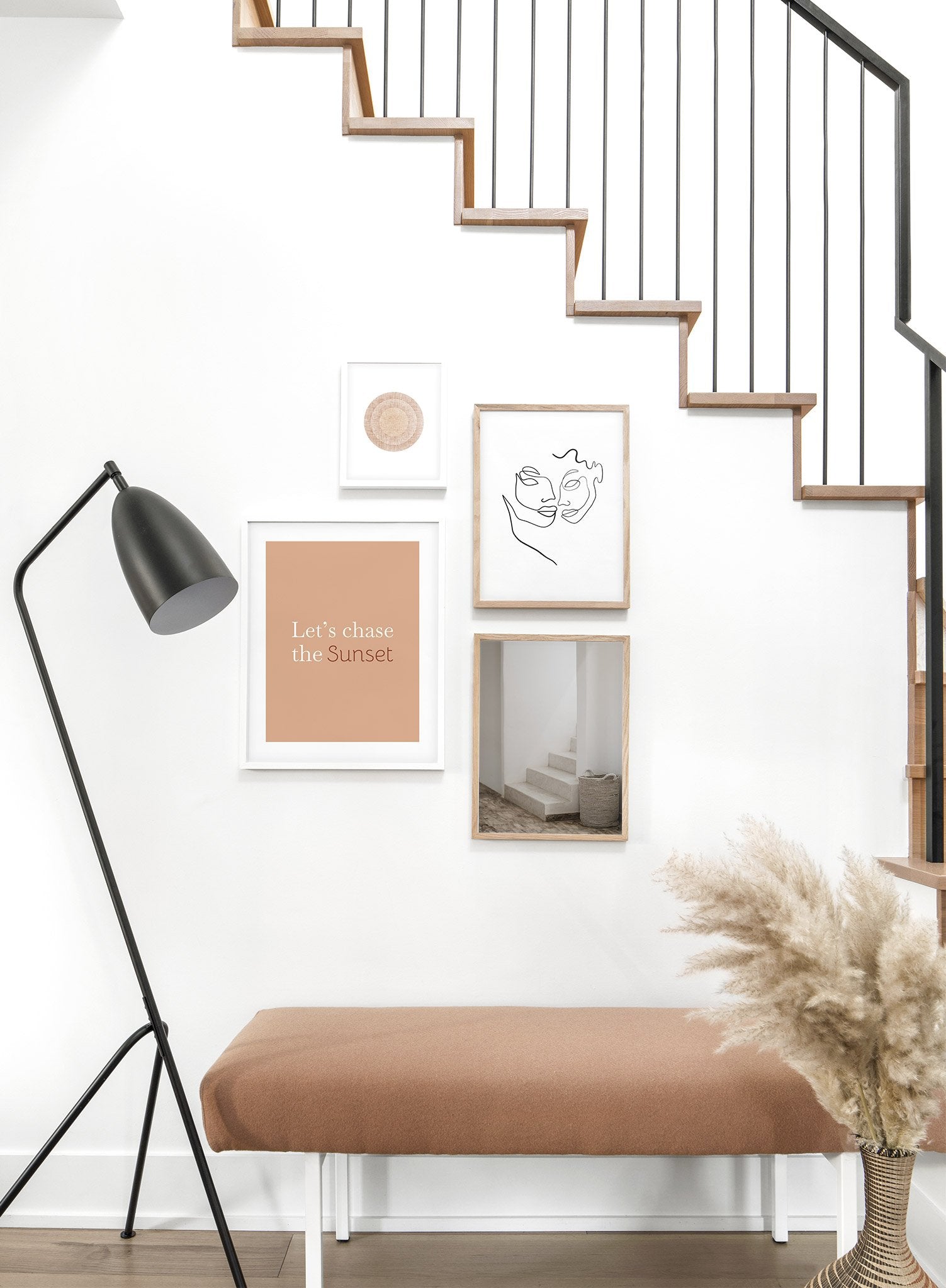 Modern minimalist typography poster by Opposite Wall with Let's Chase the Sunset in orange - Lifestyle Quad - Entryway