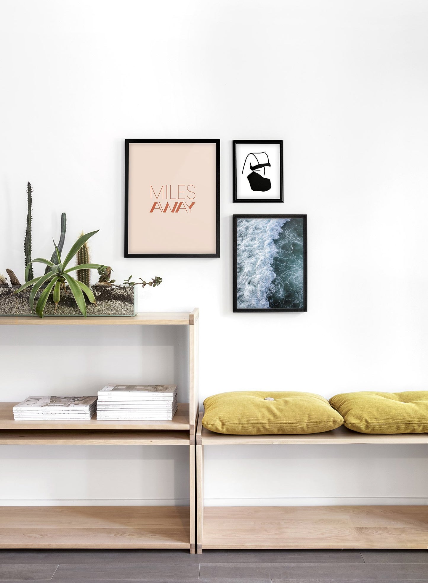 Modern minimalist typography poster by Opposite Wall with Miles Away quote in orange - Lifestyle Trio - Living Room