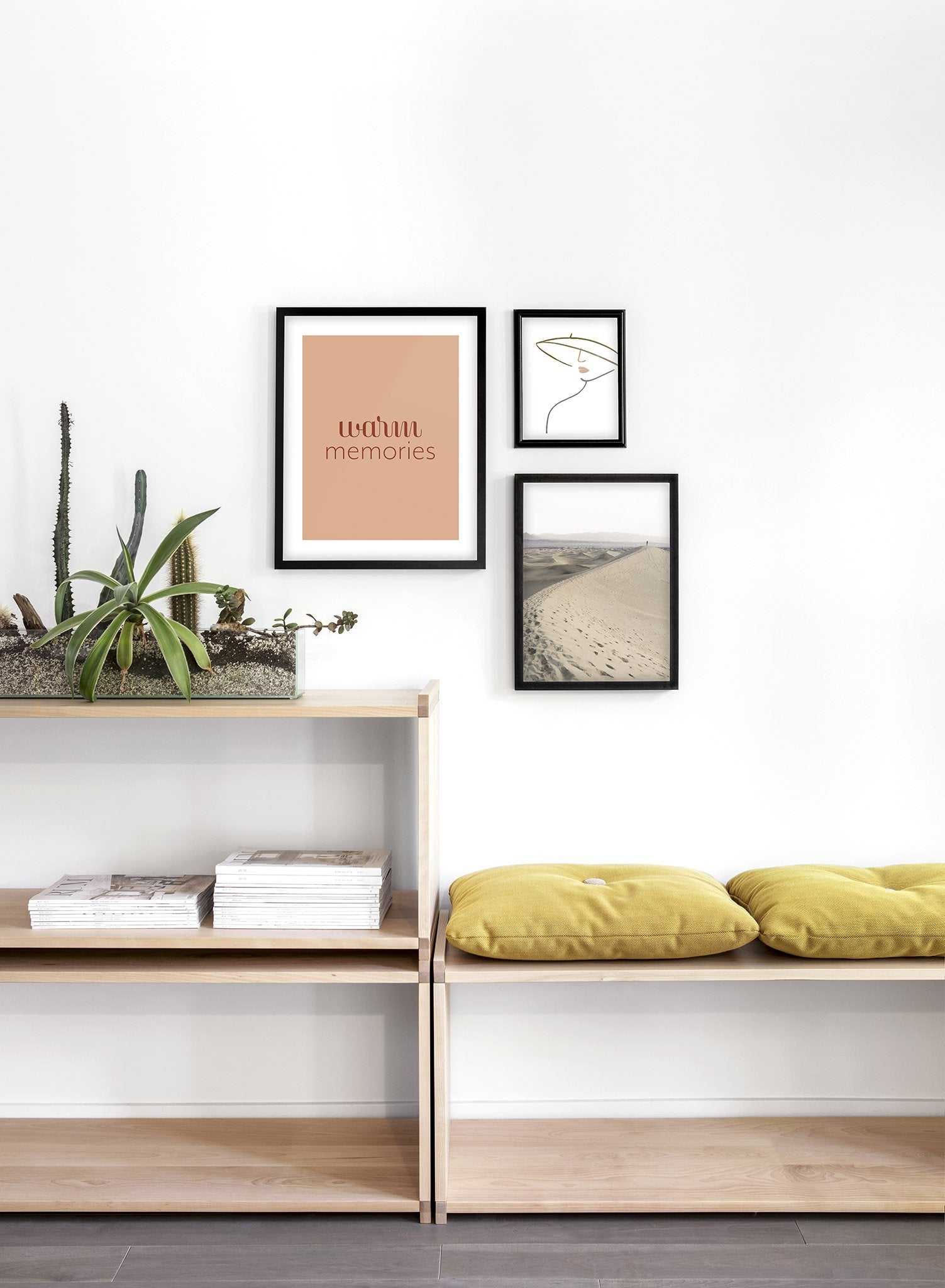 Minimalist typography poster by Opposite Wall with Warm Memories quote in orange - Lifestyle Trio - Living Room