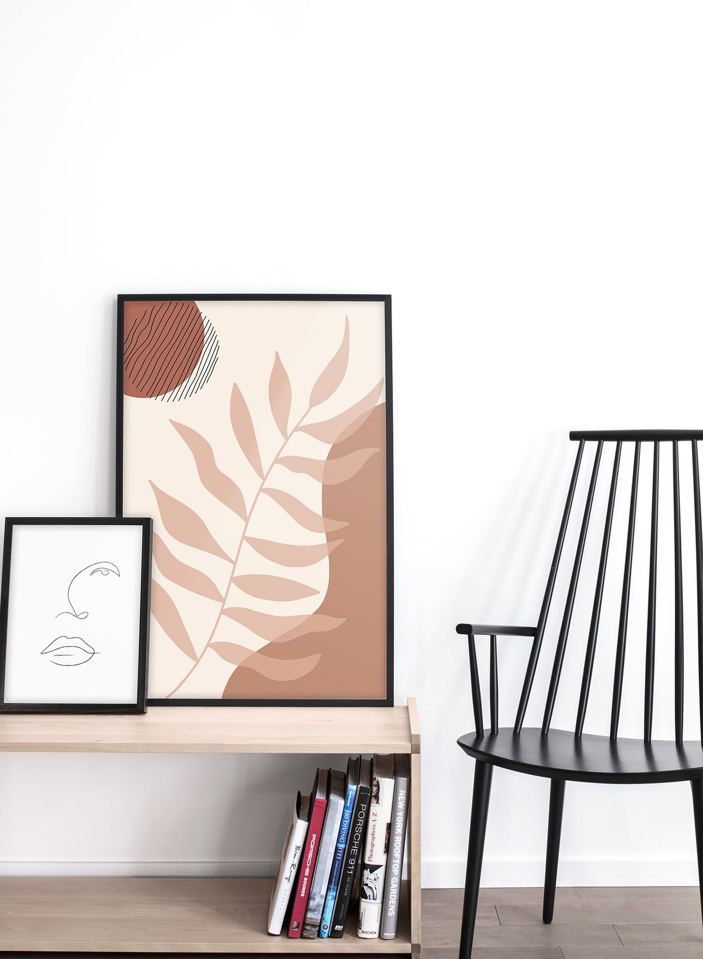 Mid-century modern illustration poster by Opposite Wall with beige leaf - Lifestyle Duo - Living Room