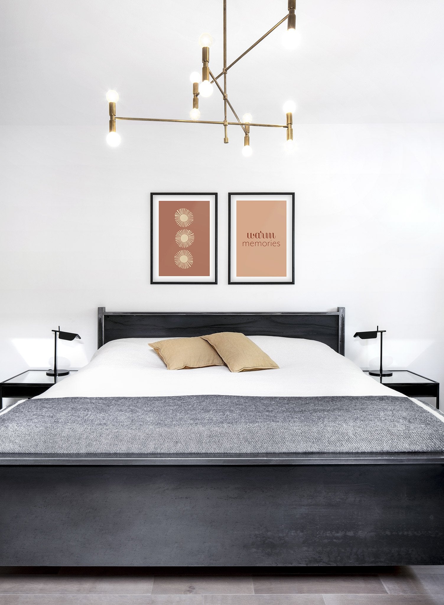 Mid-century modern illustration by Opposite Wall with trio of suns against orange background - Lifestyle Duo - Bedroom