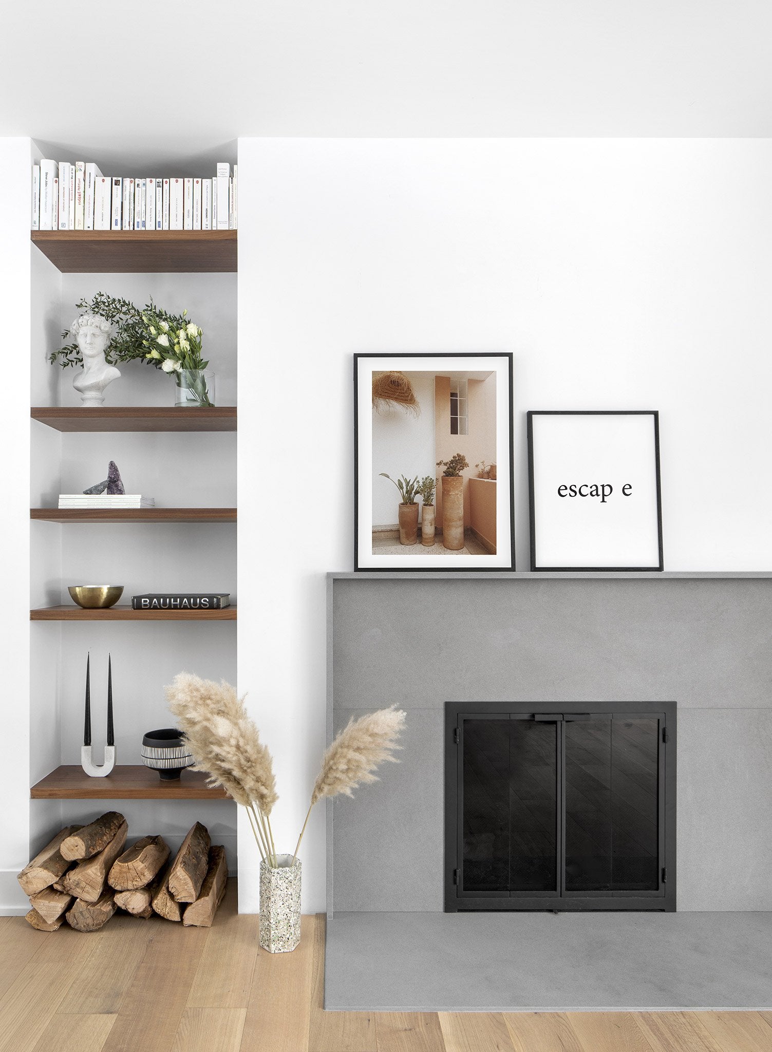 Architecture photography poster by Opposite Wall with trio of terracotta planters - Lifestyle Duo - Living Room