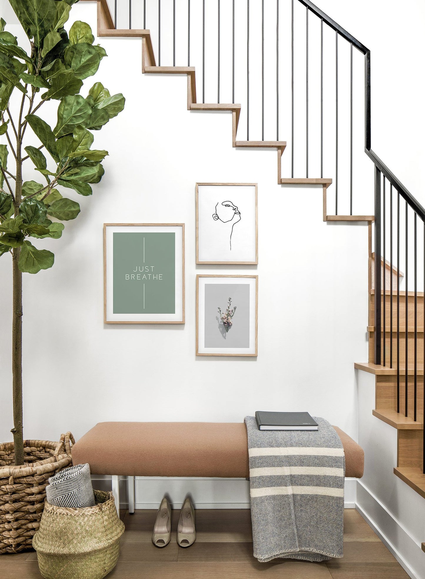 Modern minimalist typography poster by Opposite Wall with Just Breathe quote in green - Lifestyle Trio - Entryway