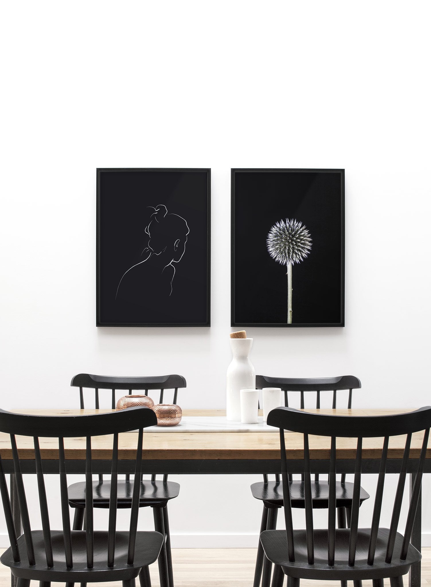 Modern minimalist poster by Opposite Wall with abstract illustration of Into the Distance in black - Lifestyle Duo - Dining Room