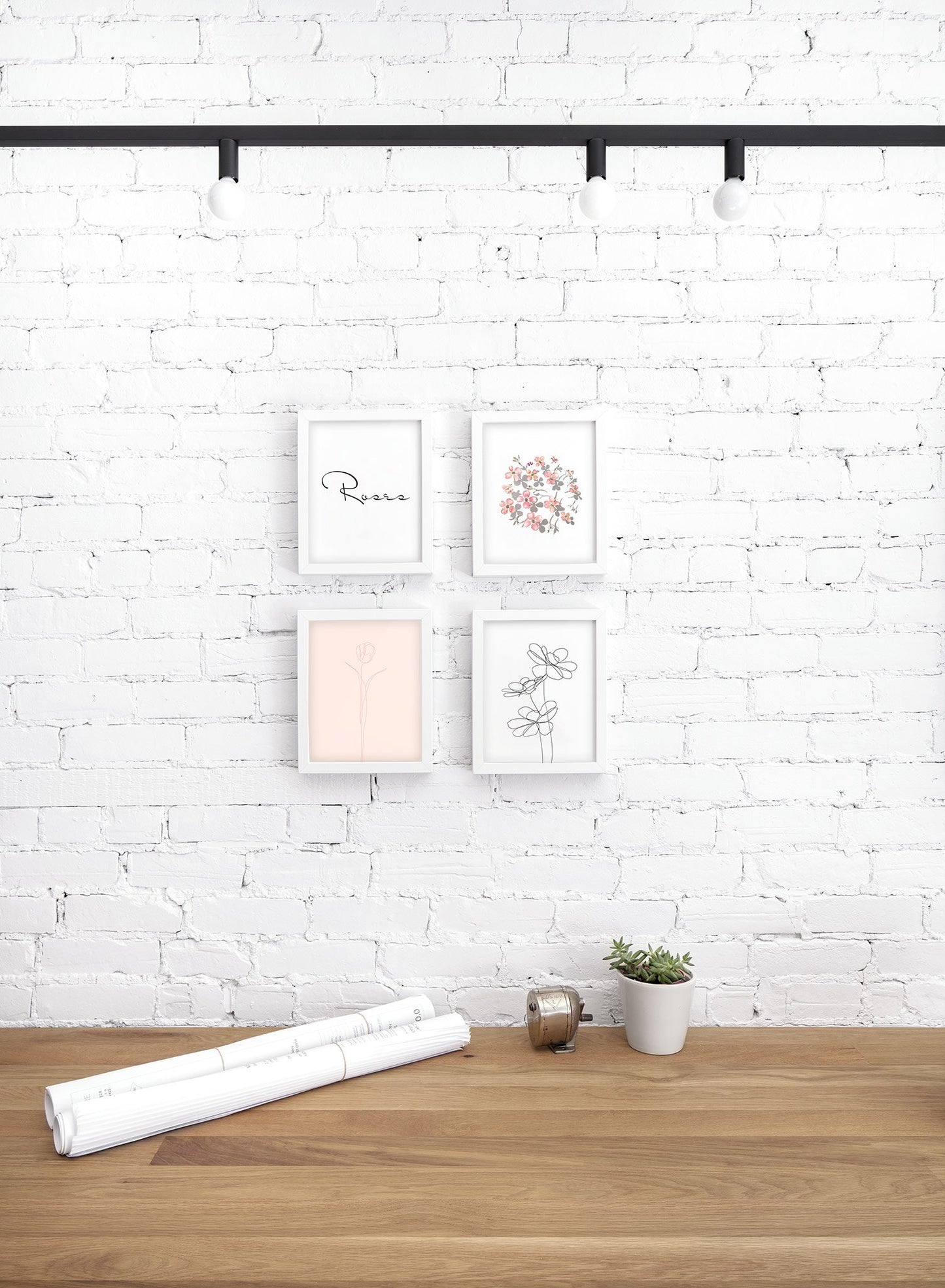 Modern minimalist poster by Opposite Wall with abstract illustration of Tulip in pink - Lifestyle Quad - Office Desk