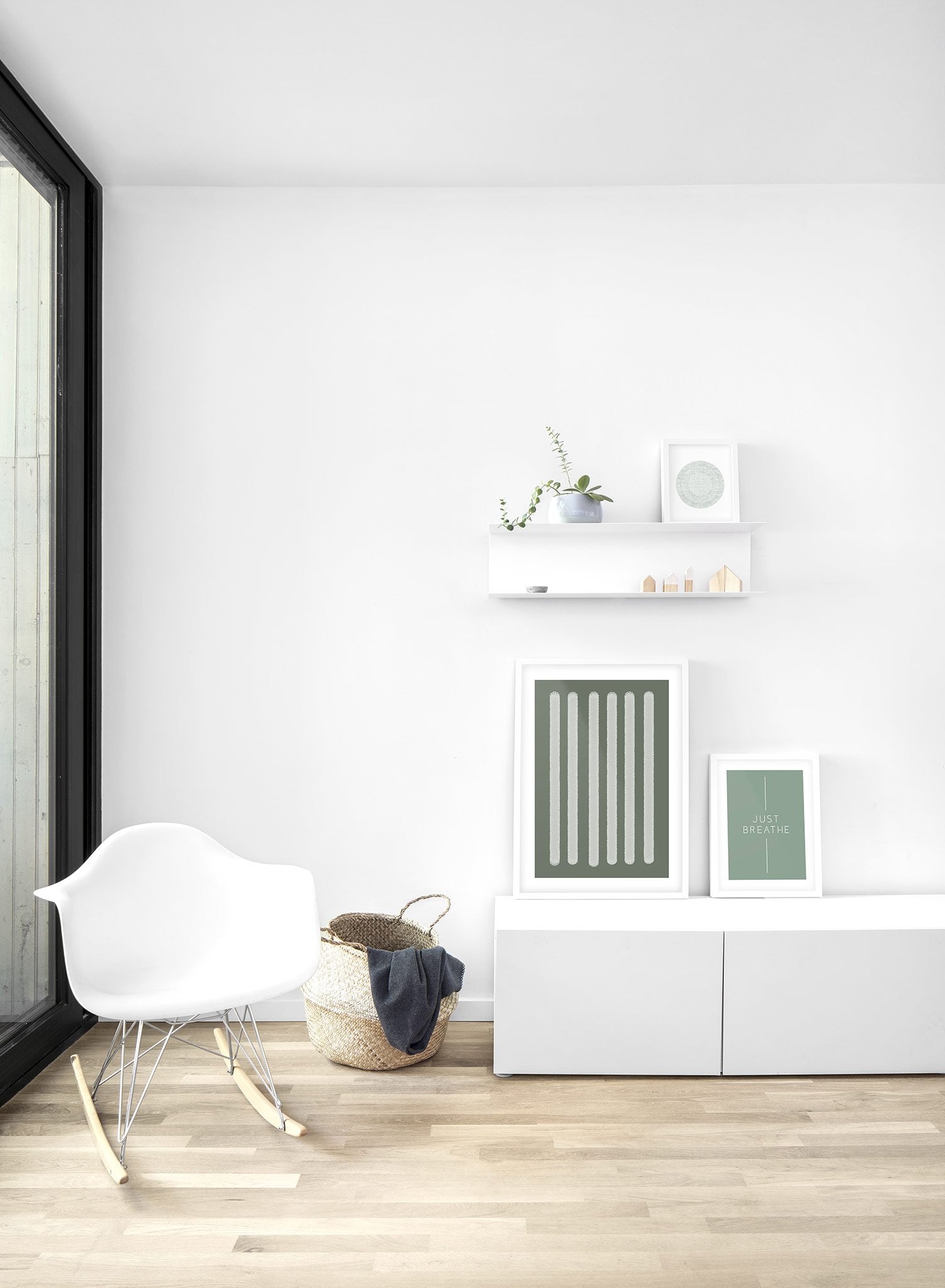 Minimalist design poster by Opposite Wall with abstract green rectangle shapes - Lifestyle Trio - Living Room