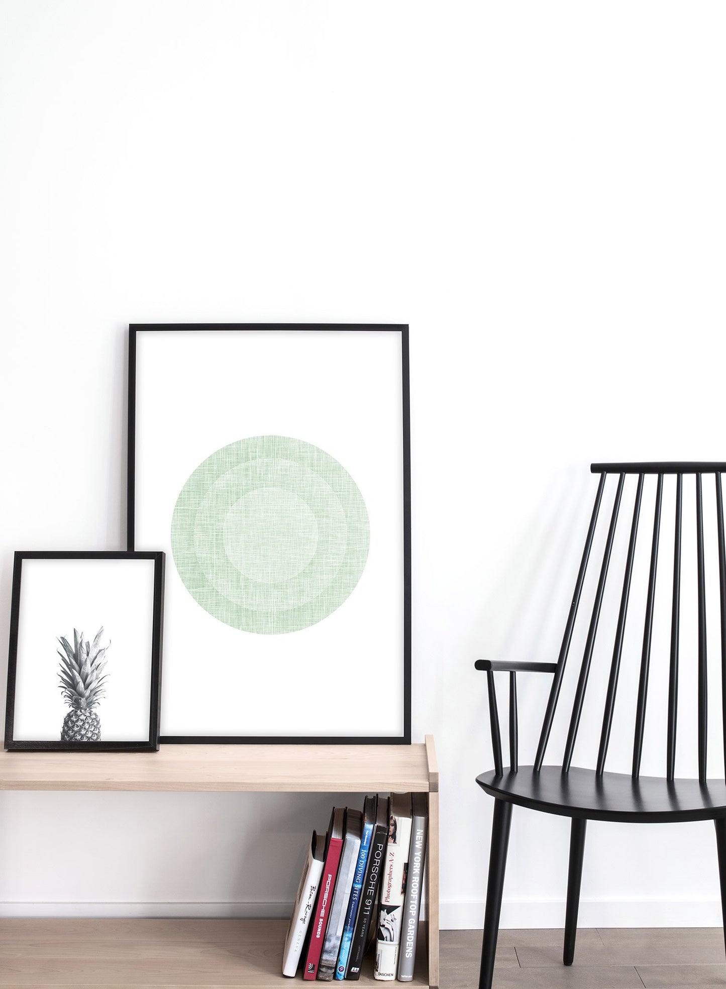 Minimalist design poster by Opposite Wall with abstract green circles in target shape - Lifestyle Duo - Living Room