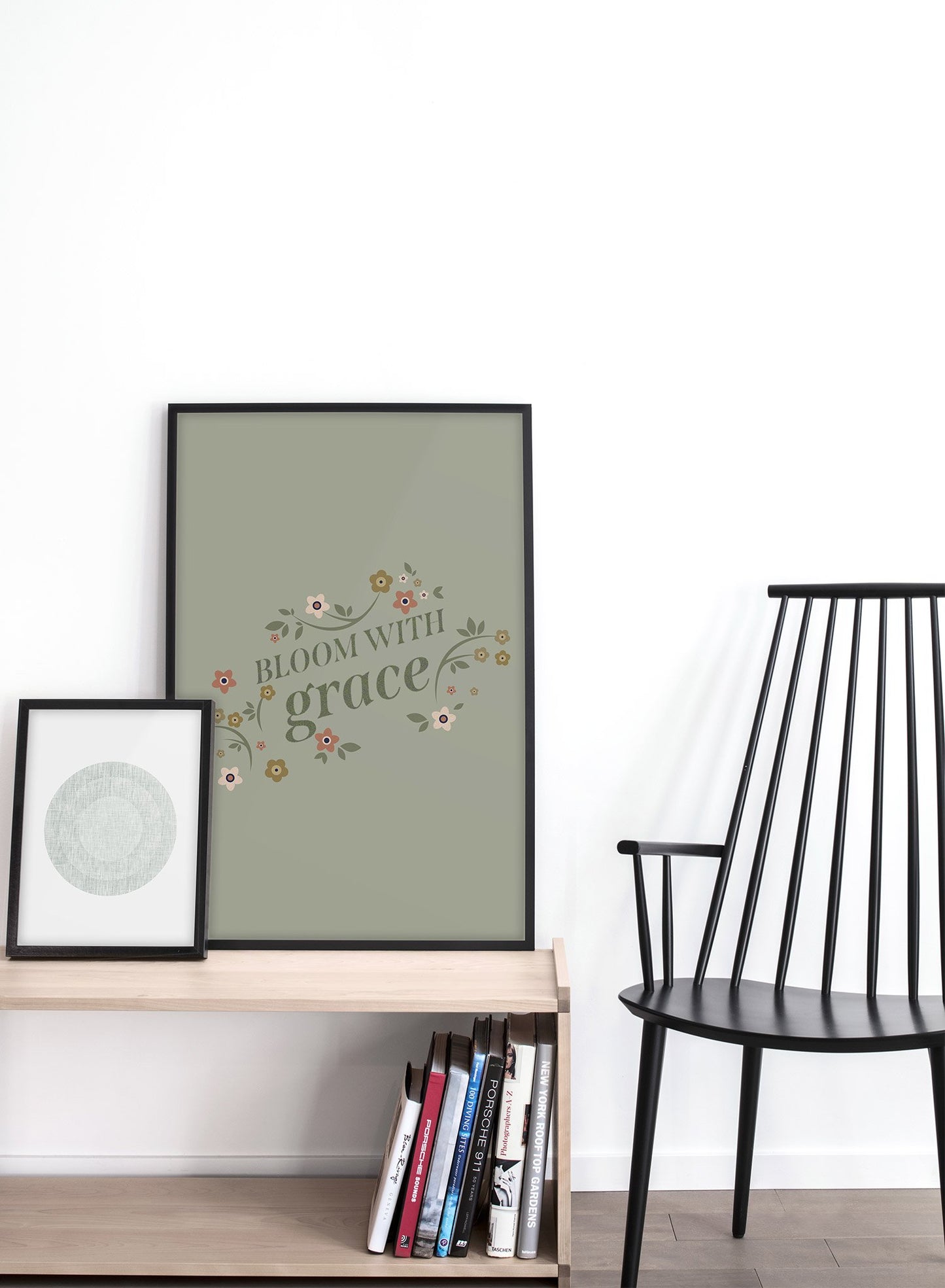 Modern minimalist typography illustration poster by Opposite Wall with Bloom With Grace quote - Lifestyle Duo - Living Room